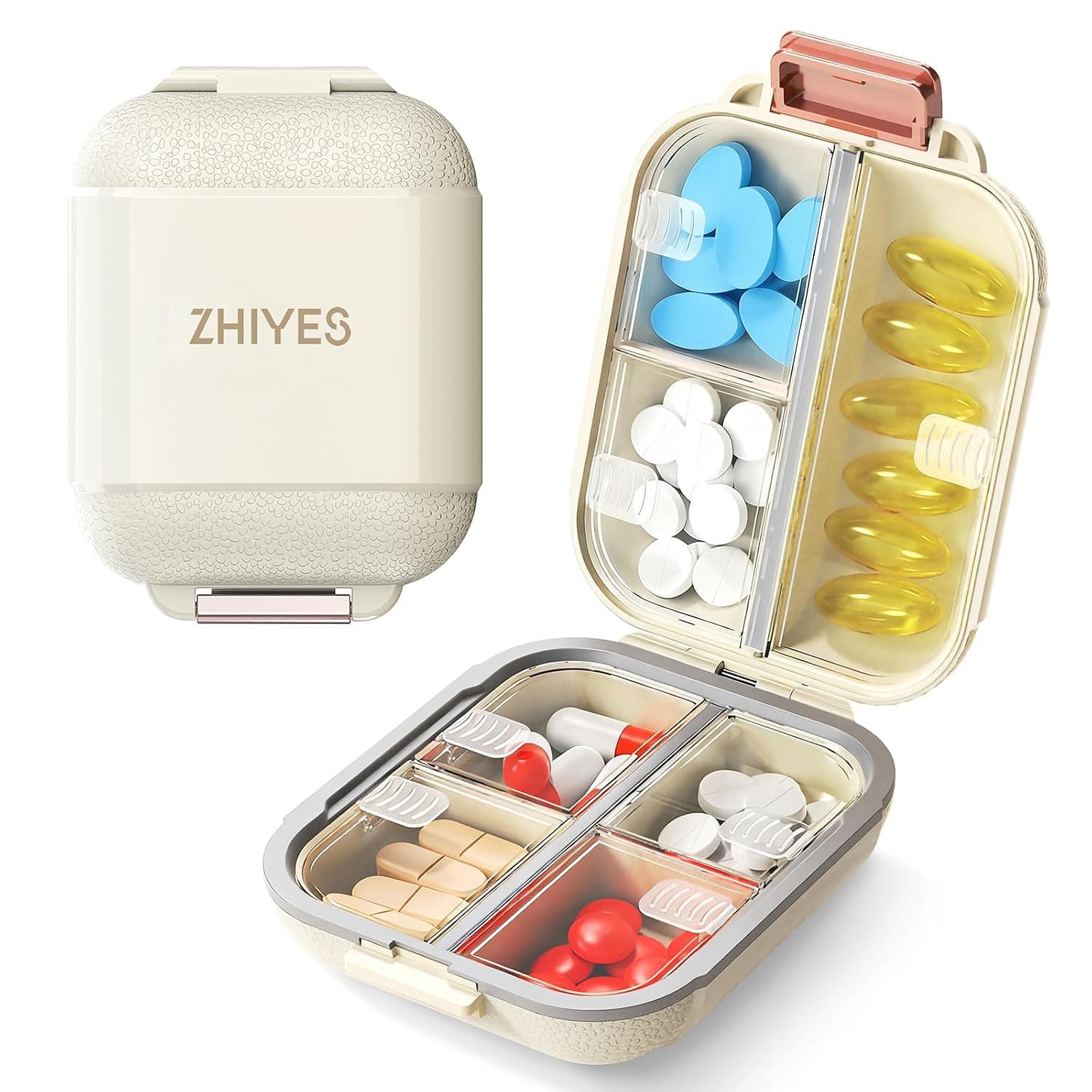 7 Compartments Travel Pill Organizer, Foldable Portable Airtight Daily Pill Box, Compact Pill Case for Purse & Pocket, BPA-Free Medicine Organizer for Vitamins Fish Oil Supplements (White)