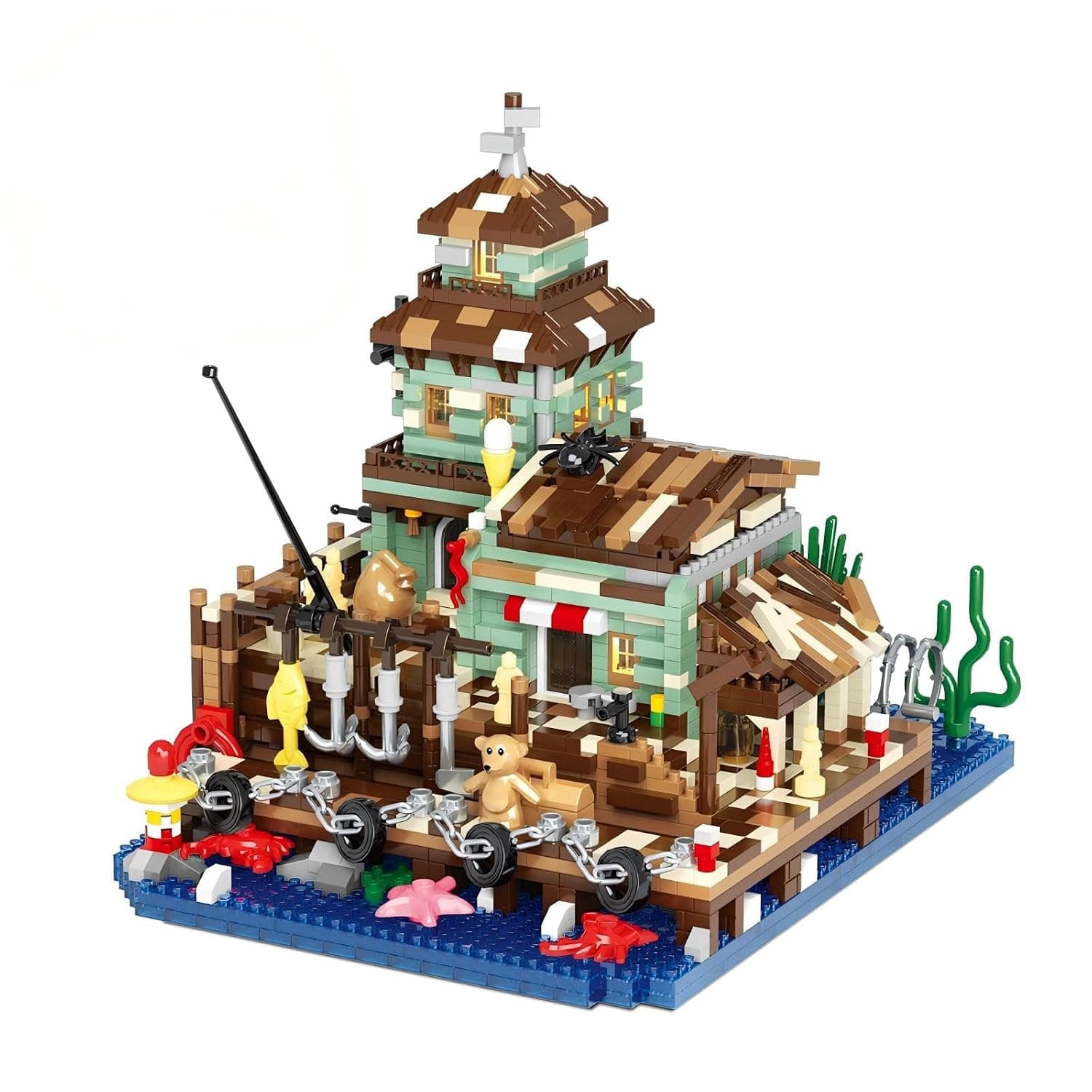 Advanced Micro Building Blocks Set, Coastal Fishing Lighthouse and Village Store Model, Realistic Wood-Look Construction Kit for Party