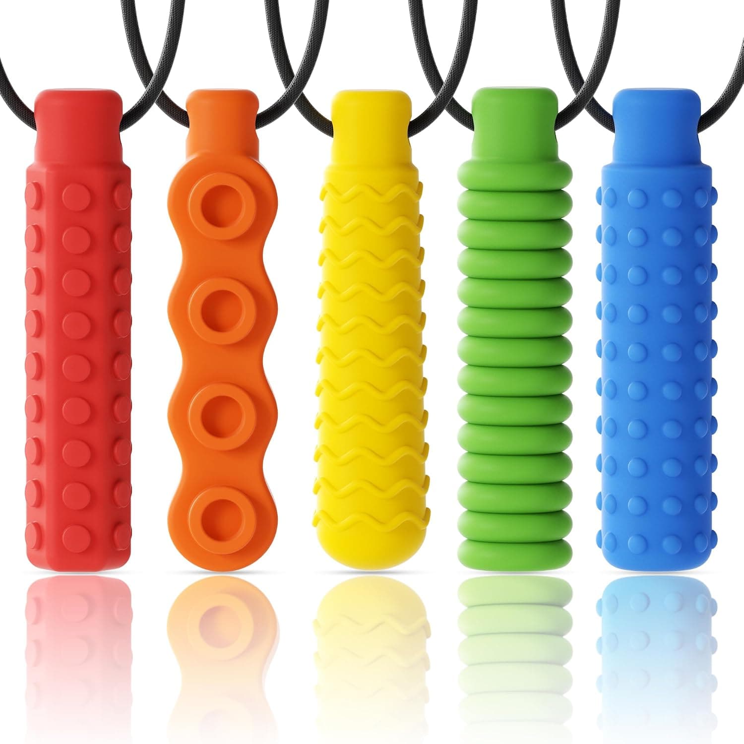 5 Pack Sensory Chew Necklace for Kids with Autism, ADHD, SPD, Biting Anxiety,Special Needs, Food Grade Silicone Teething Oral Motor Chewelry for Boys,Girls & Adults,Reduce Chewing & Fidgeting