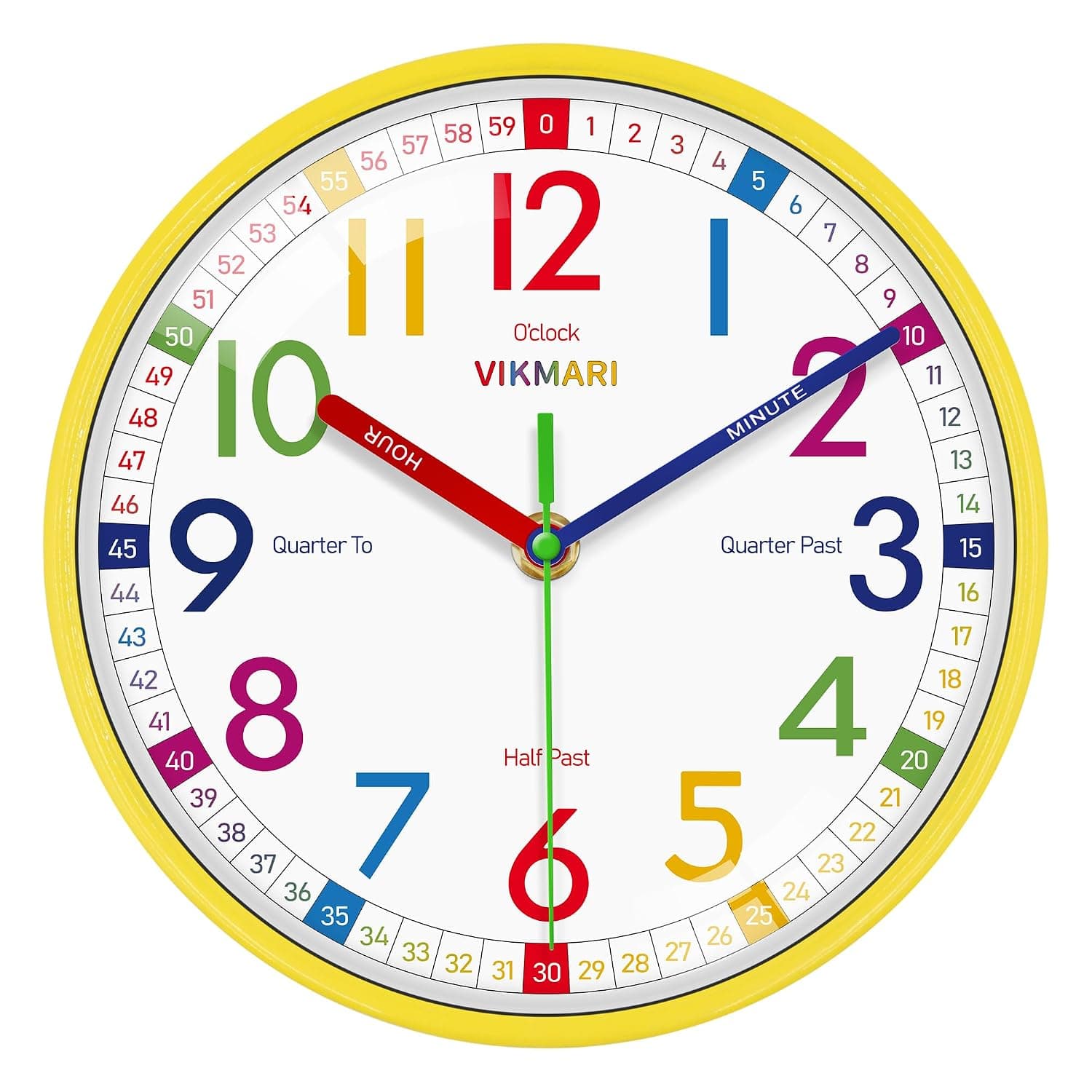 VIKMARI Learning Clock for Kids - Small Silent Non-Ticking Colorful Teaching Clocks Telling The Time for Teaching Time-Decorative Clocks for Kids Room Classroom School Playroom (10 Inch)