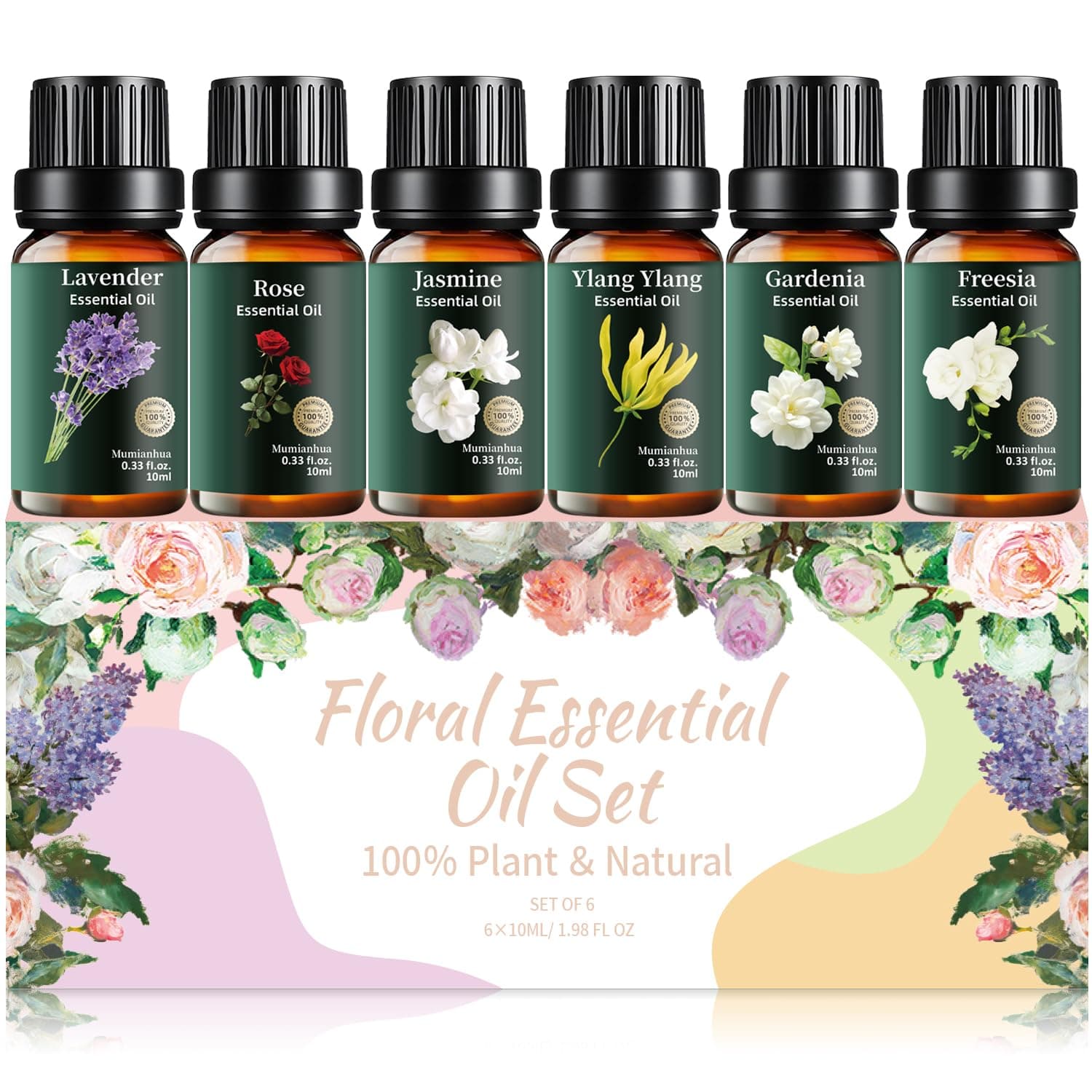 Floral Essential Oils Set Pure, Mumianhua - Lavender, Rose, Jasmine, Ylang Ylang, Gardenia, Freesia - Natural Aromatherapy Oil Gift Set for Diffuser, Humidifier, Candle & Soap Making 6x10ml