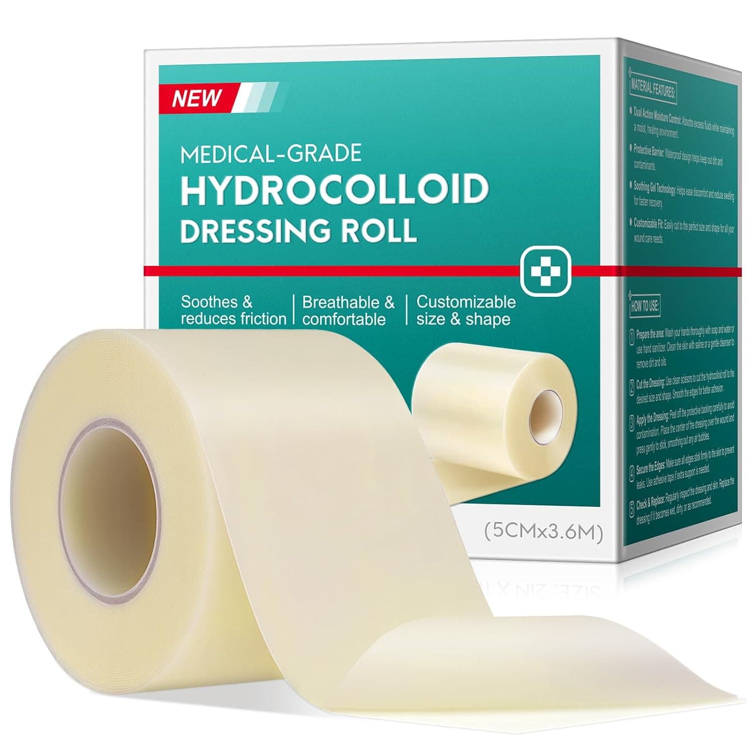Medical Hydrocolloid Wound Dressing, 2 x 11.8 ft, Medical Grade Wound Care Tape, Breathable & Cut-to-Fit Hydrocolloid Bandage for Acne, Blisters, Burns