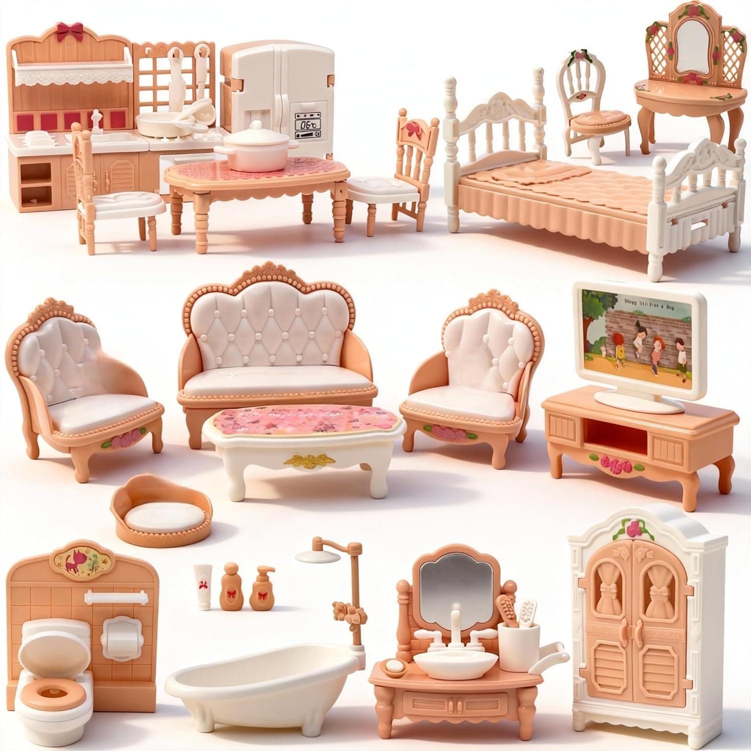 36Pcs Dollhouse Furniture Set, Miniature Dolls House Accessories with dolls, Kitchen, bathroom, Living Room,Bedroom for Playhouse Toy, Kids Ages 3+ Boys Girls (36pcs)