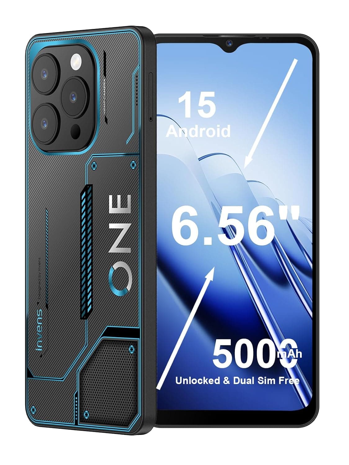 invens Note 12P Smartphone (Unlocked), 16GB RAM + 128GB ROM, 6.56" HD+ Display, 48MP + 8MP Camera, 5000mAh Battery, Android 15, Dual SIM, 5GHz Wi-Fi, Face ID/Fingerprint/GPS (Cyber ​​Blue)