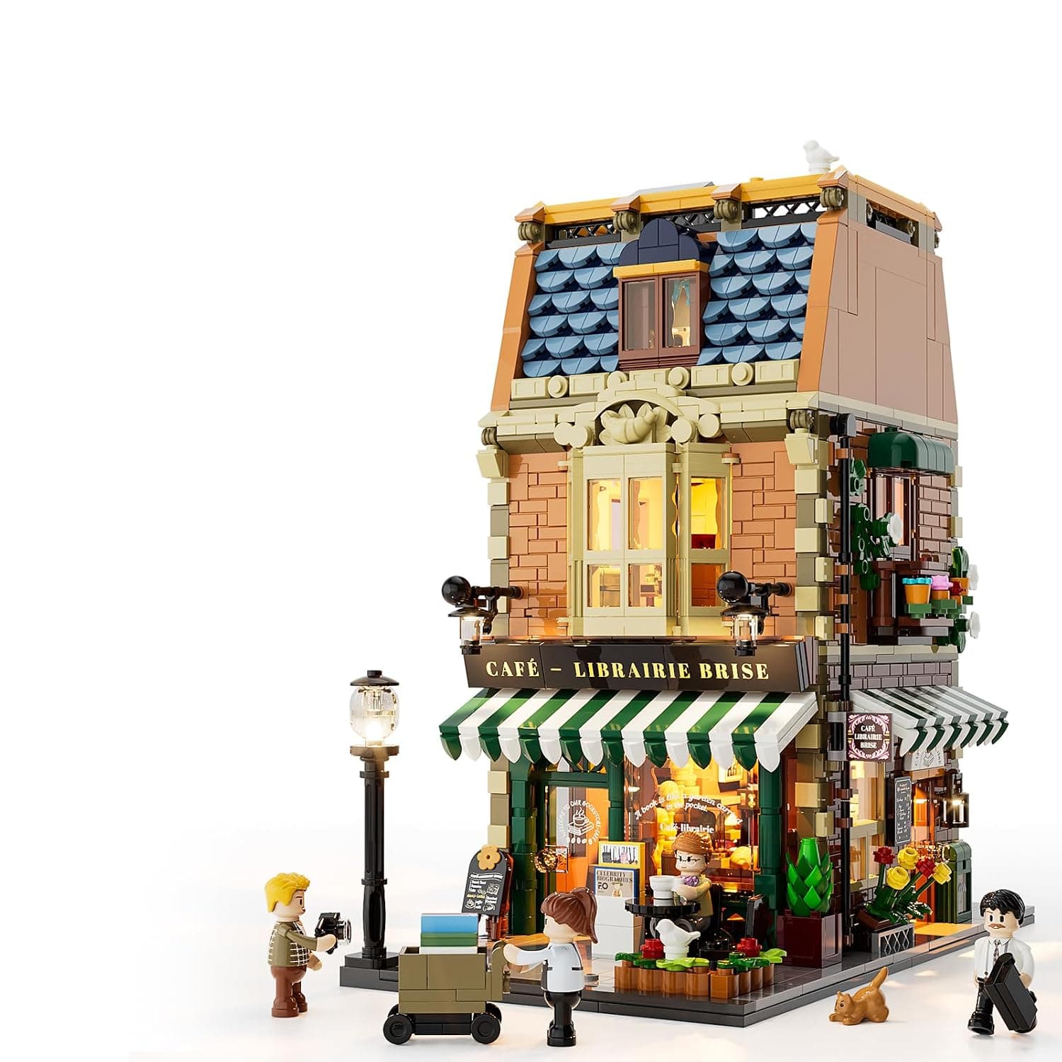LUMIBRICKS Book Café Illuminated Clamping Block Set, 1707 Pieces, Modular Café and Book Store Model with LED Lighting, Removable Roof and Opening Back Panel, City Life Construction Set for Adults from
