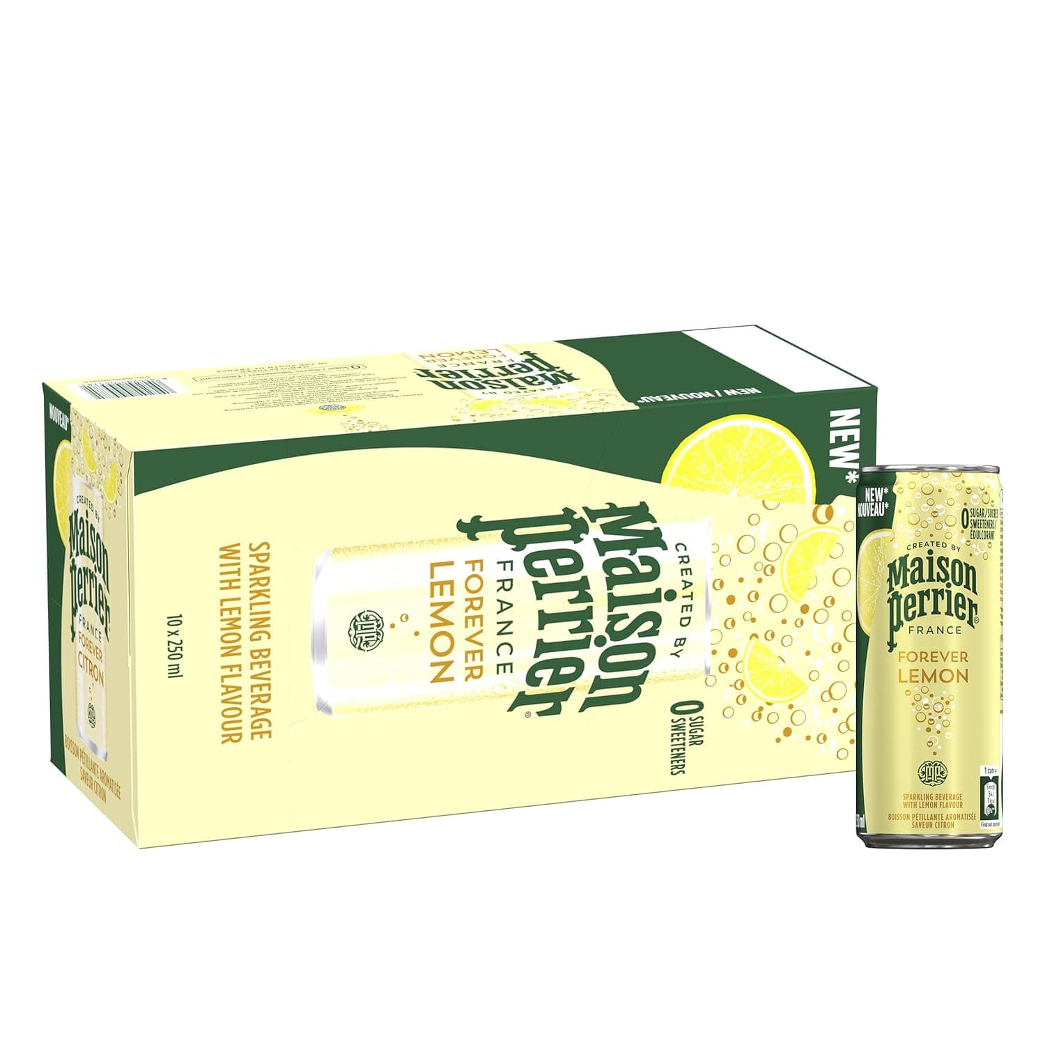 Maison Perrier Forever Sparkling Water Lemon Pack of 10x250 ml Can, Zero Calories And Zero Sweeteners, Premium French Water Sparkling With An Elegant Style
