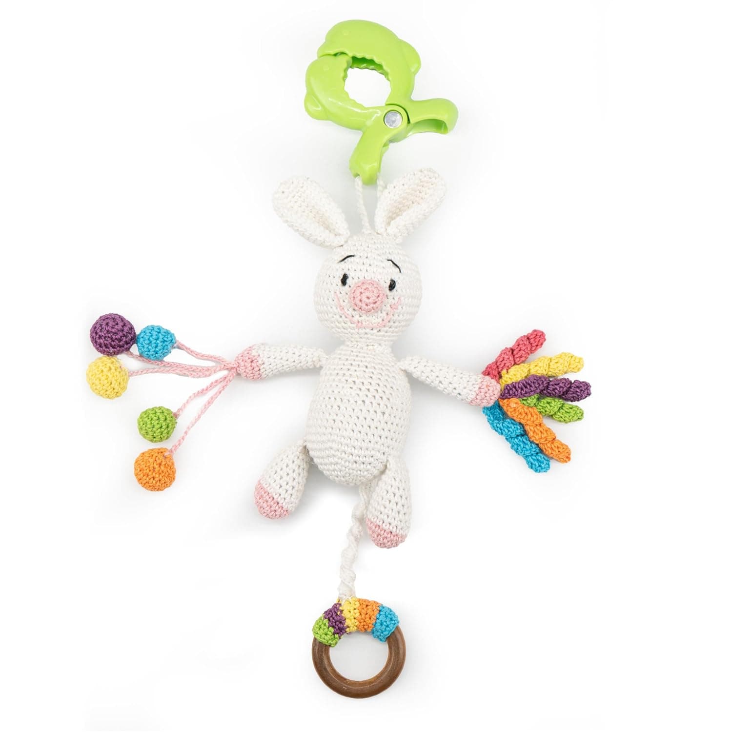The MOON Brand Animal-Themed Crochet Knitted Toy with Wooden Ring & Clip Hanger – Soft, Handcrafted, and Safe for Babies – Perfect Sensory Play Accessory for Infants-Bunny
