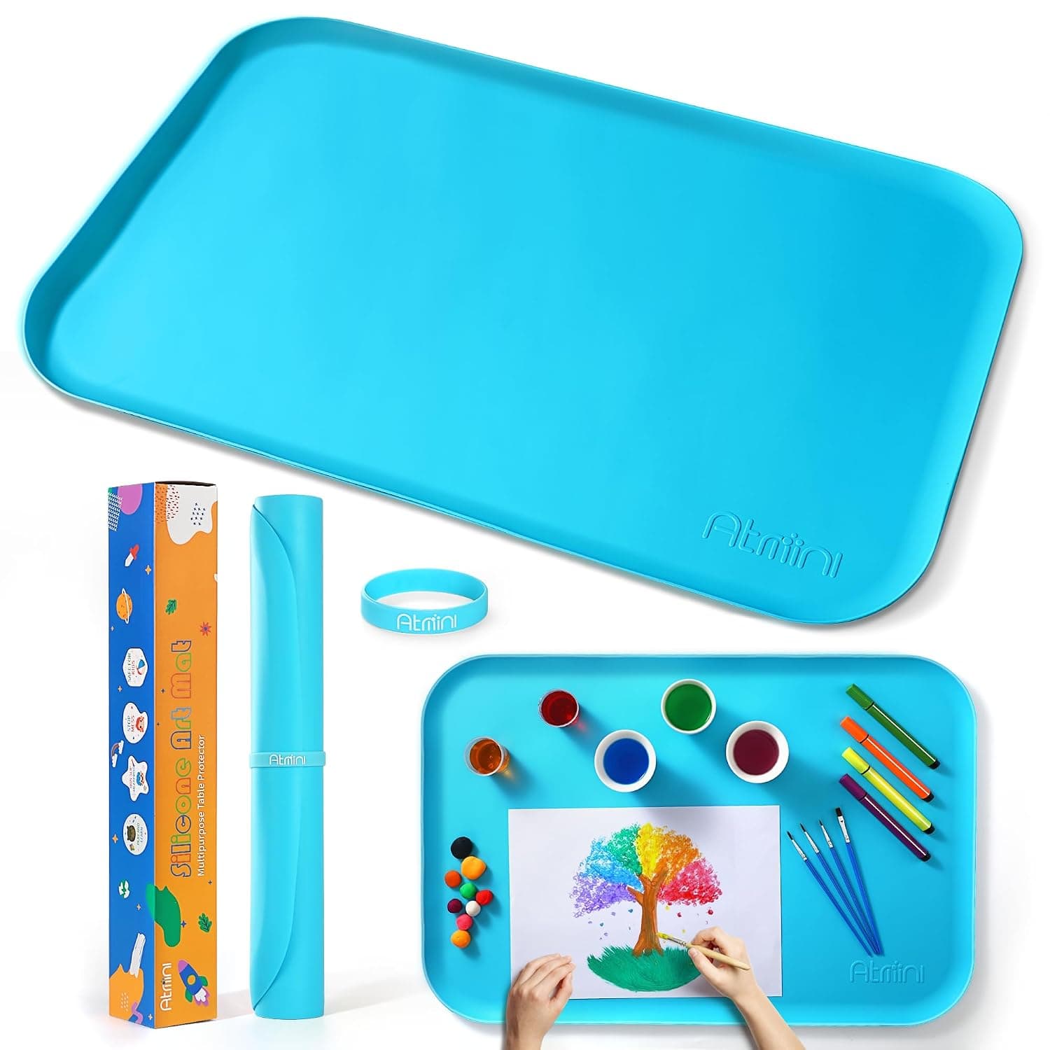 AtMini Silicone Mat Large 60 x 40 cm, Craft Mat Children for Crafts, Sand Art, Painting, Resin, Handmade Jewellery, Drawing, Multi-Purpose Table Mat with Raised Edges to Keep Clean (Blue)