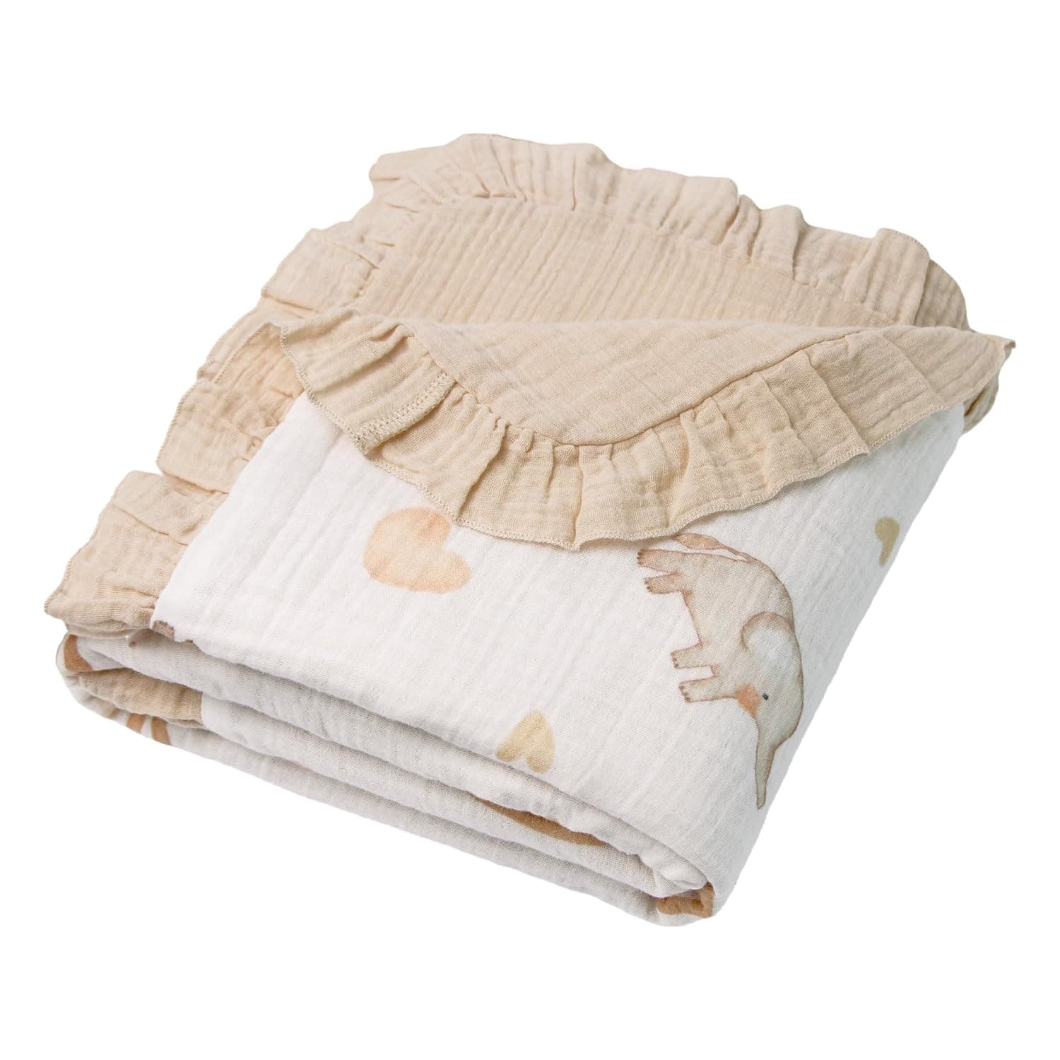 Muslin Swaddle Blankets, 100% Cotton Crepe Swaddle Blanket with Ruffled Edge, 47"×47" Soft Breathable Baby Receiving Blankets, Newborn Swaddle Wrap, Stroller Cover (Linen Rainbow Elephant)