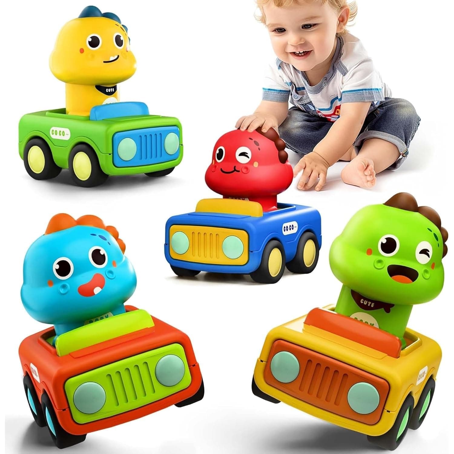 Andanna Press to Go Car Toys for Toddlers 1-3, Dinosaur Baby Animal Race Cars, Infant Play Vehicle Set, Boy Push Go Friction Dino Cars for 6-9-12-18 Month, 1st Birthday Gift Stuffer (Dinosaur 2)