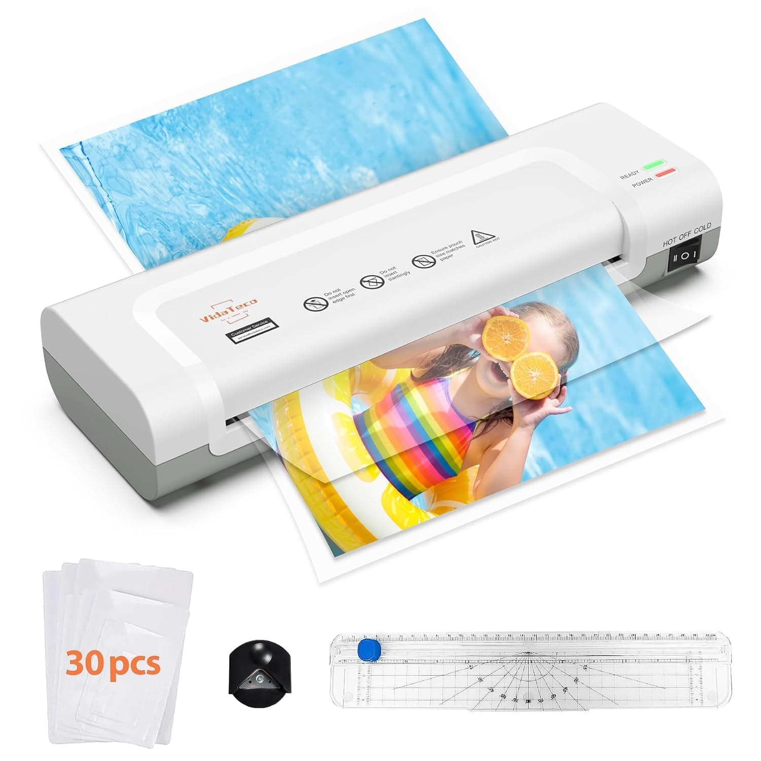 VidaTeco A4 Thermal Laminator Machine, Hot & Cold, 30 Pouches, White | Laminating Machine Bubble-Free, 2-Min Quick Warm-Up, Portable for School, Home and Office, 1 Corner Rounder & 1 Paper Cutter
