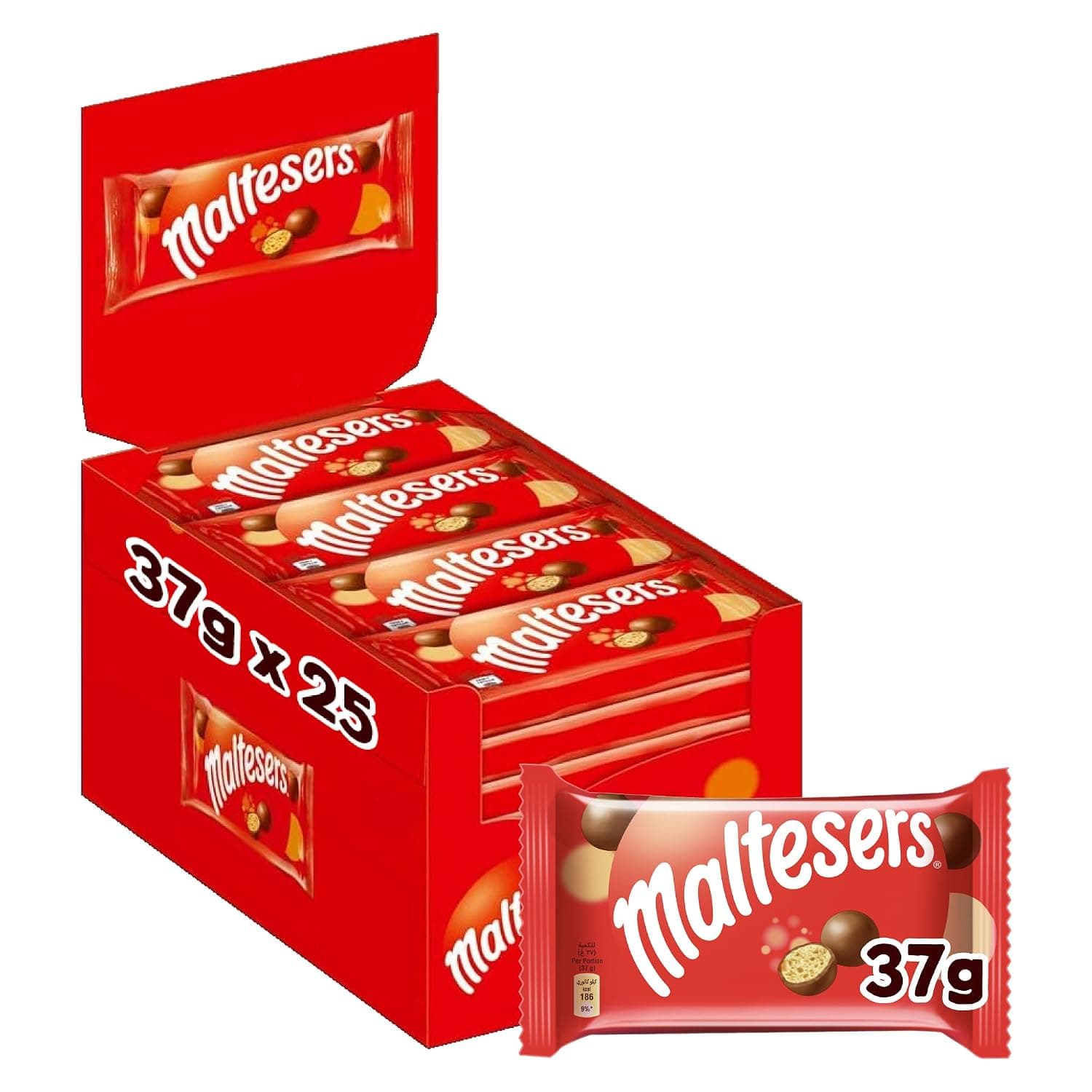 Malteser Chocolate Bag Pack of 25 x 37 g, Irresistibly Delicious Malt Chocolate, Crispy Honey Balls, Covered with Milk Chocolate