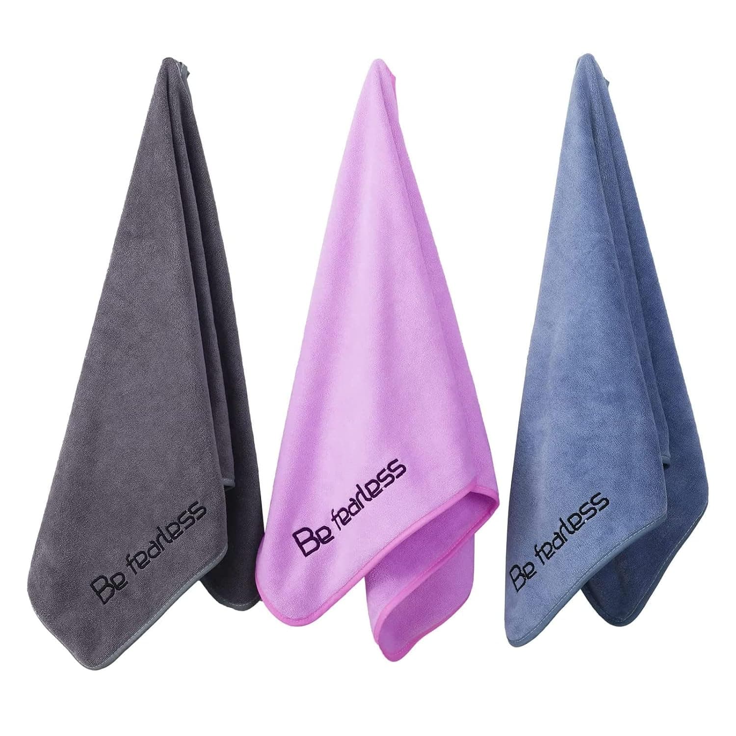 Microfiber Gym Towels for Exercise Fitness, Sports, Workout, 380-GSM 15-Inch x 31-Inch Bath Towels (3 Pack, Grey+Blue+Purple)