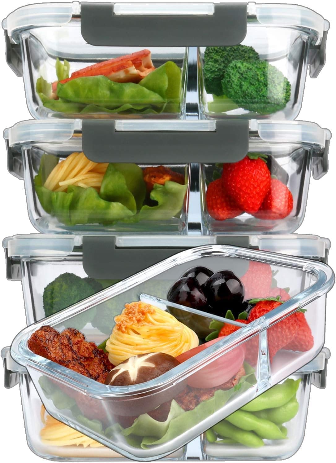 Mylindde Glass Meal Prep Containers, 4Pack 1040ml Glass Food Storage Containers with Lids, Bento Box Containers, Food Prep Lunch Box Microwave, Freezer and Dishwasher(2 Compartments)