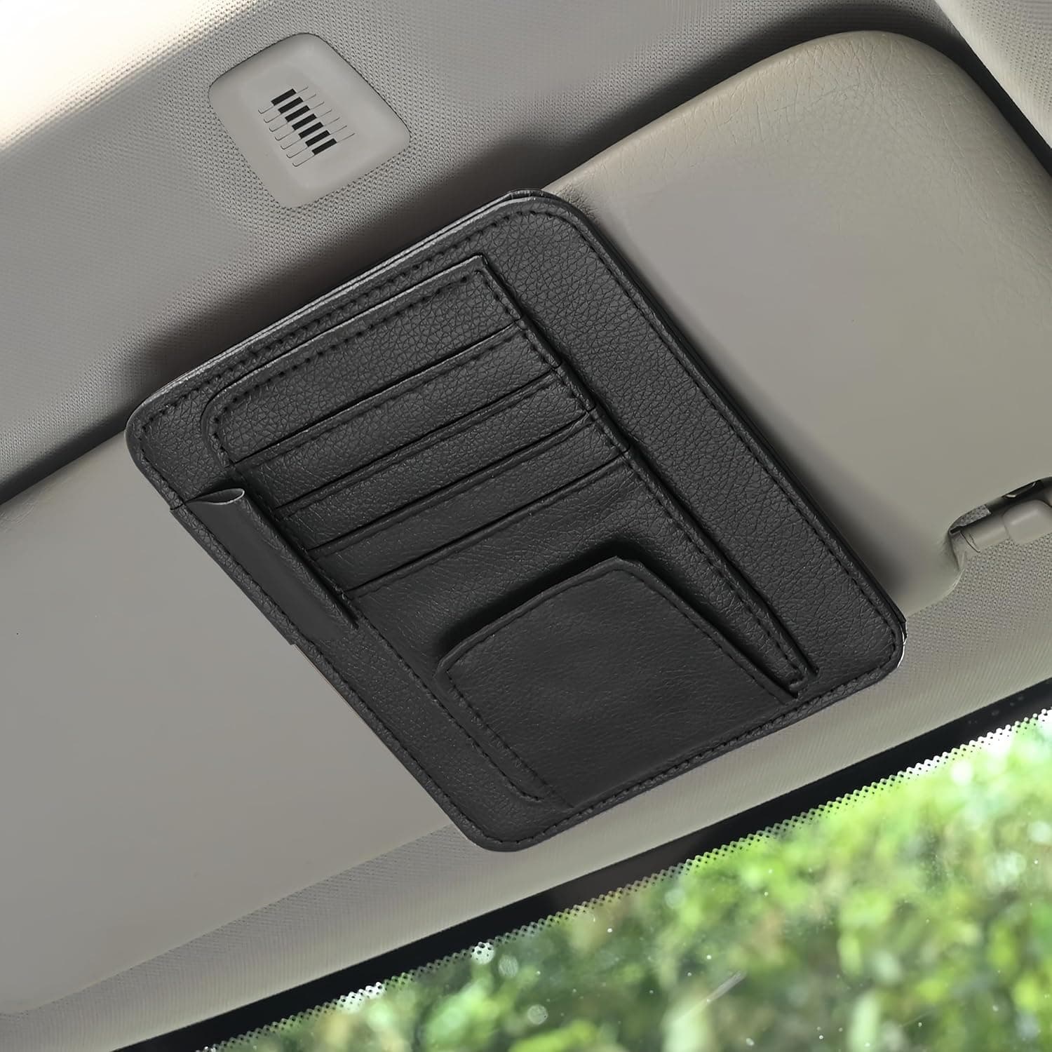 Aputue Classic Car Organizer, Visor Organizer, Black Leather, Fits Most Vehicles, Multifunctional Document Holder, Sunglass Holder, ID & Insurance Card Slot