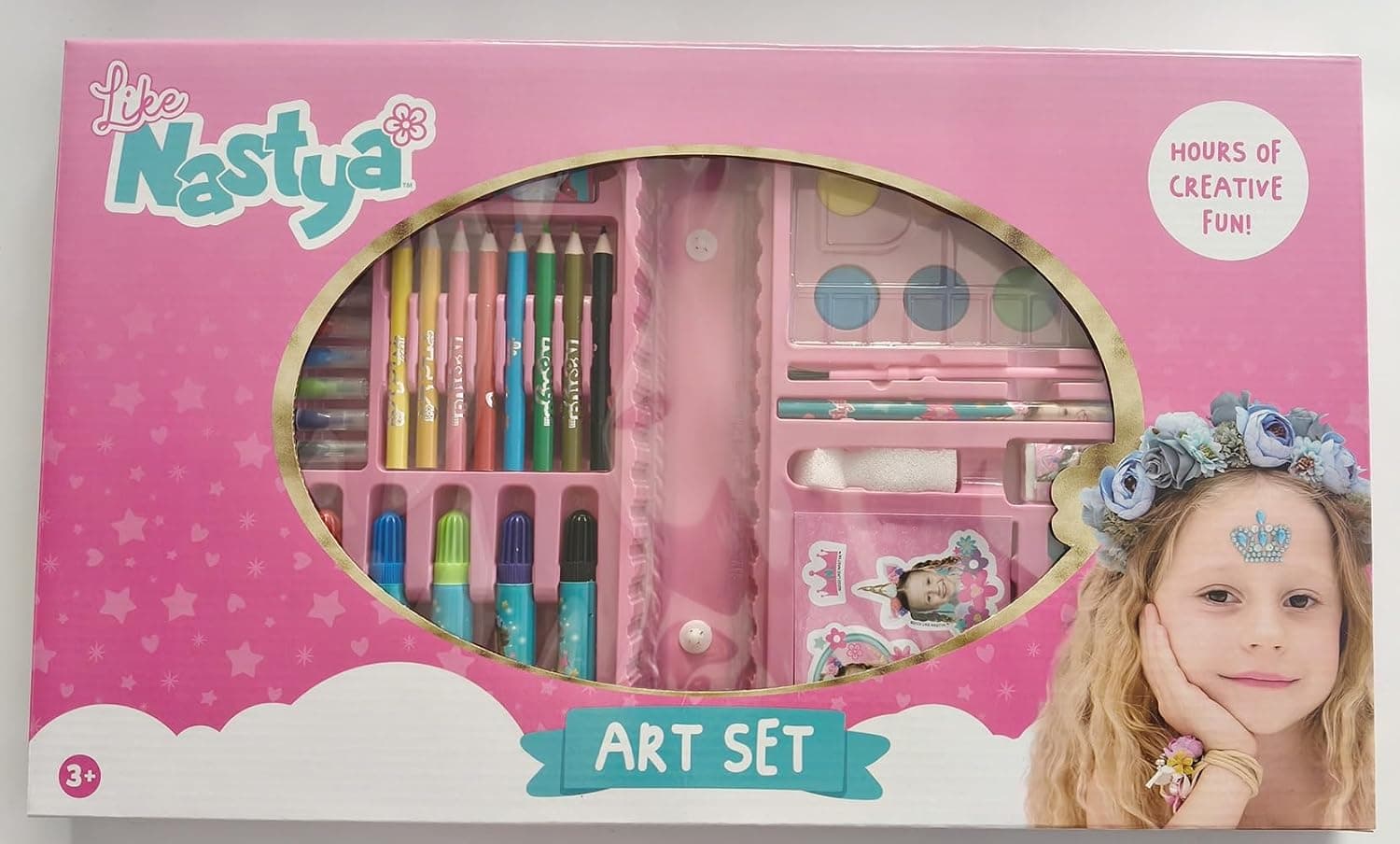 Like Nastya Art Set for Kids, Complete Craft Kit with Colored Pencils, Markers, Paints, Eraser, Stickers, Brush, Sharpener, School Supplies, DIY Art Box for Girls, Ages 3+, Drawing Fun (TT30228)
