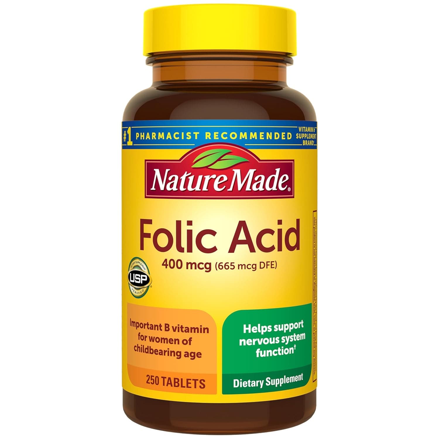 Nature Made Folic Acid 400 mcg (665 mcg DFE), Dietary Supplement for Nervous System Function, 250 Tablets, 250 Day Supply