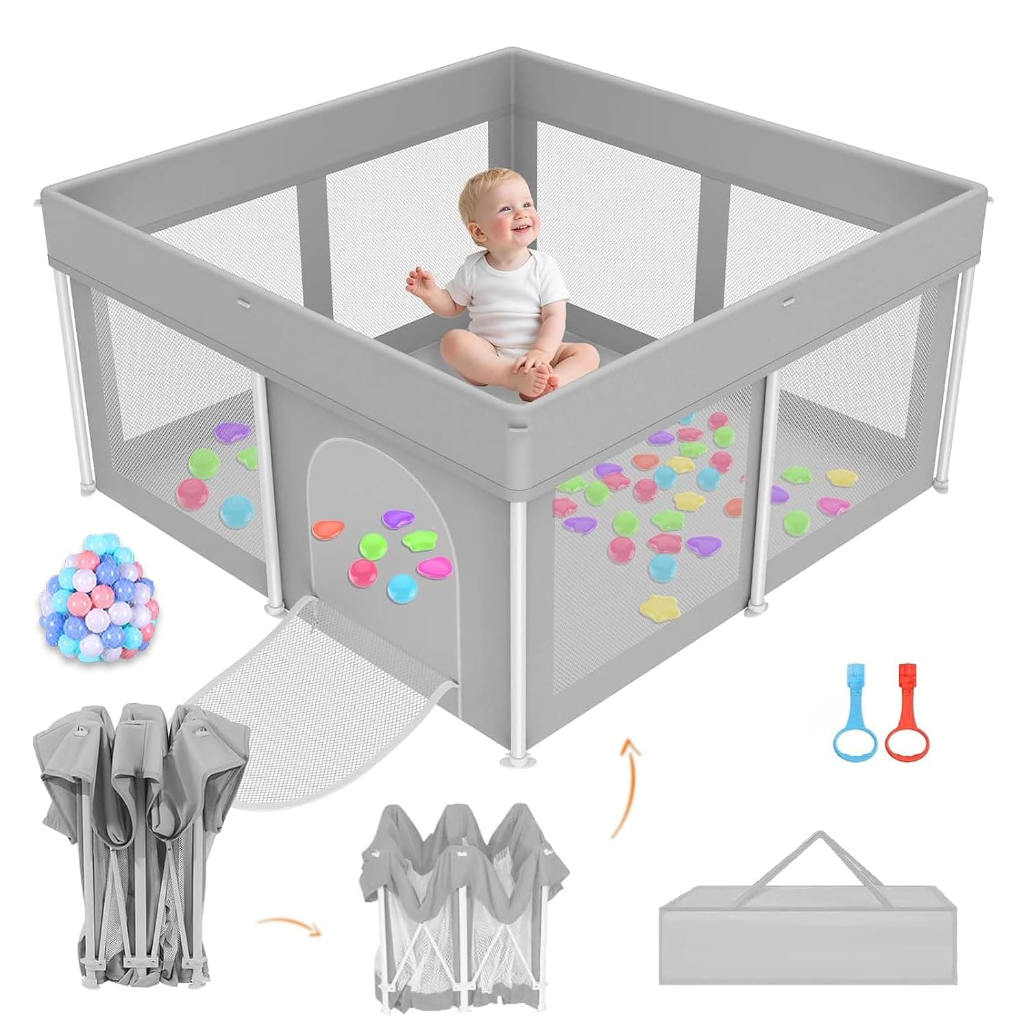 LIODUX Baby Playpen for Babies, Quick Setup Kids Play Pen Fence, Foldable Children's Fence Play Area with 30 Ocean Balls & Storage Bag (Light Grey, 127x127CM)