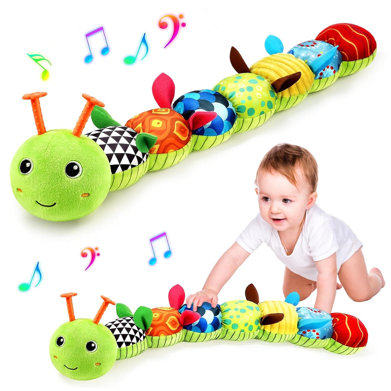 Baby Toys 0-6 Months, Musical Caterpillar Baby Rattle, Plush Sensory Toy with Mirror, Crinkle Textures, Newborn Developmental Tummy Time Stuffed Animal for Infants Boys Girls 6-12 Month (Green)