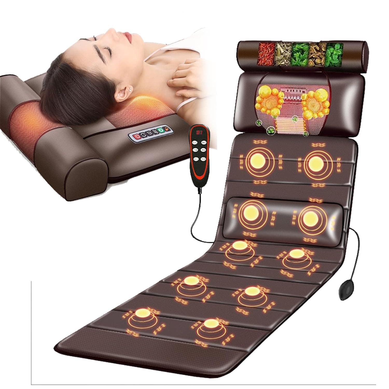 Full Body Massage Mat with Heat 20 Neck Kneading Massage Heads Neck and Back Lumbar Calf Muscle Relaxation Back Pain Relief Foldable Storage Gifts for Women Men(Brown B,Blue-f)