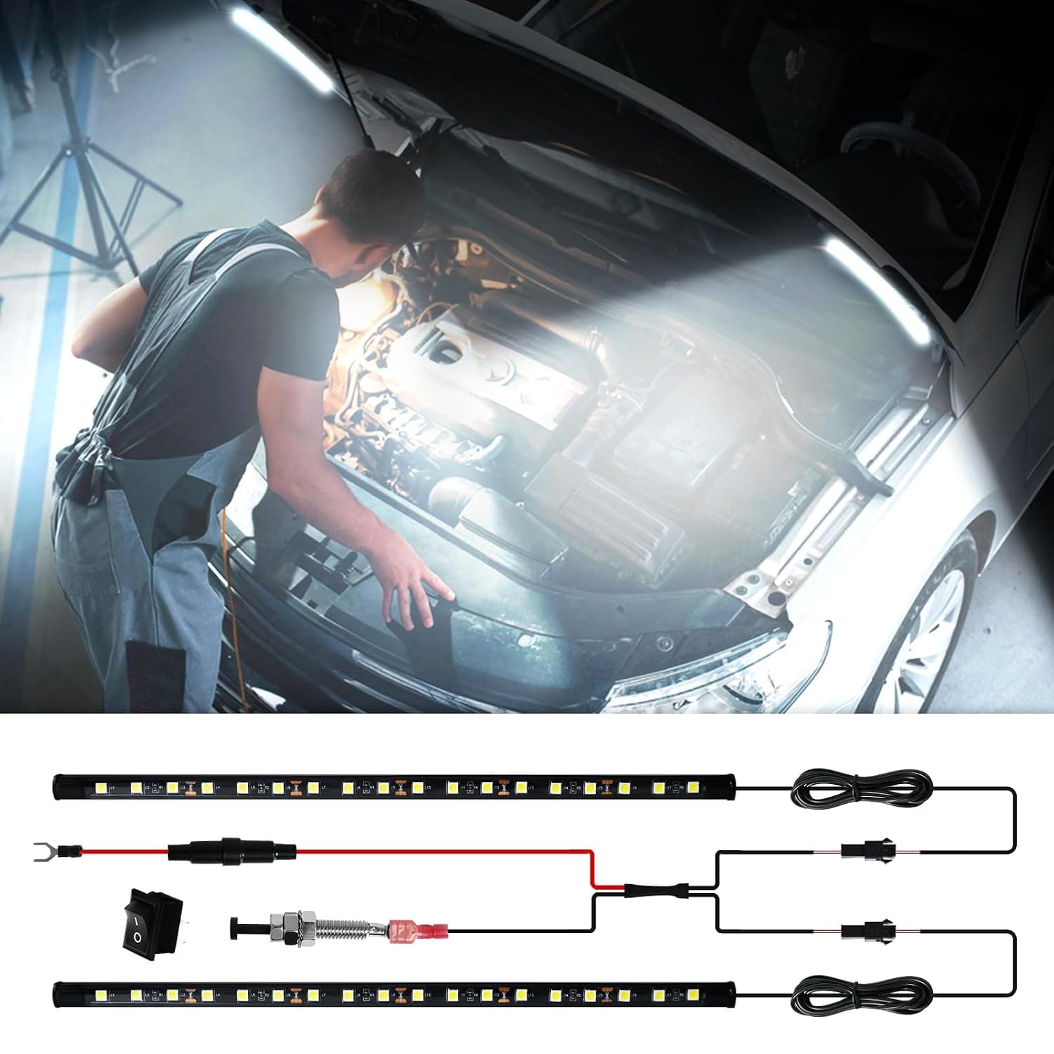 Under Hood Led Light Kit, Car Under Bonnet Work Light Waterproof for Car Engine Bay Inspection Lights Car Hood Work Light with Automatic On/Off, Universal Car Hood LED Strip Fits Any Vehicle 12V 1Set