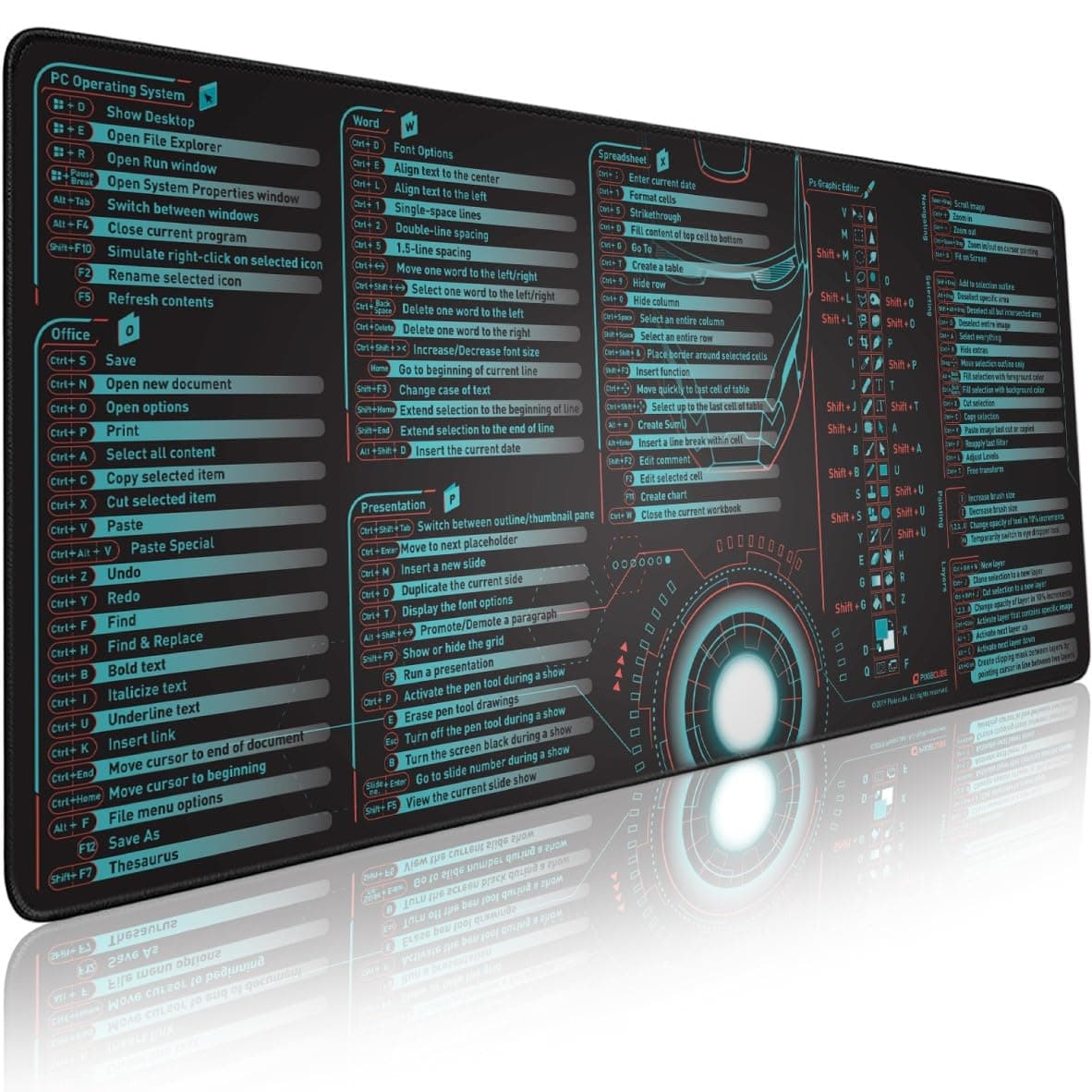 Pixiecube Windows, Office, Excel, Adobe Photoshop Shortcut Keys Extended Large Mouse Pad | Gaming Desk Mat for PC. Stitched Edge Non-Slip Base Mousepad, Keyboard Mat