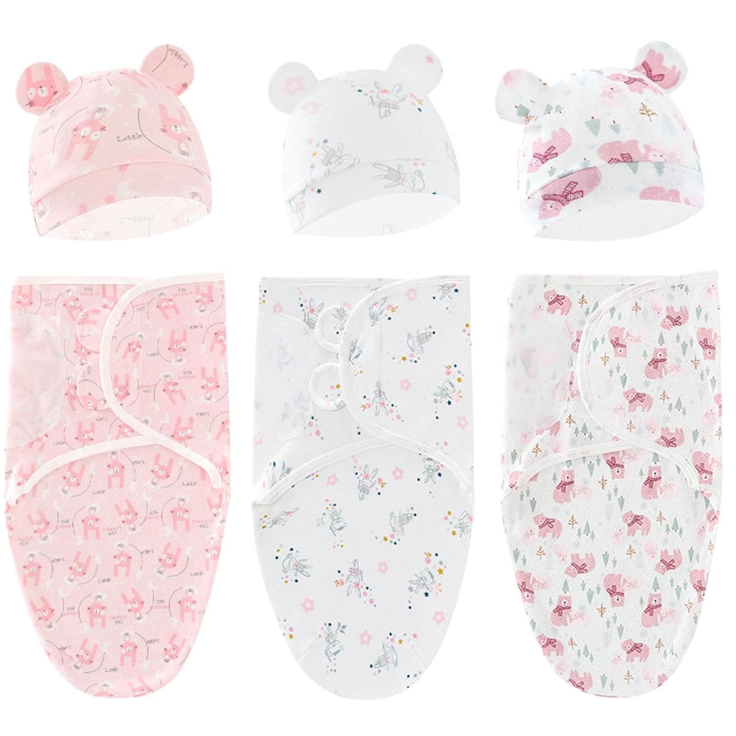 Baby Swaddle Sleep Sack with Hat Set for 0-3 Months 3-Pack Soft Cotton Newborn Wearable Swaddle Wrap for Girls Boys