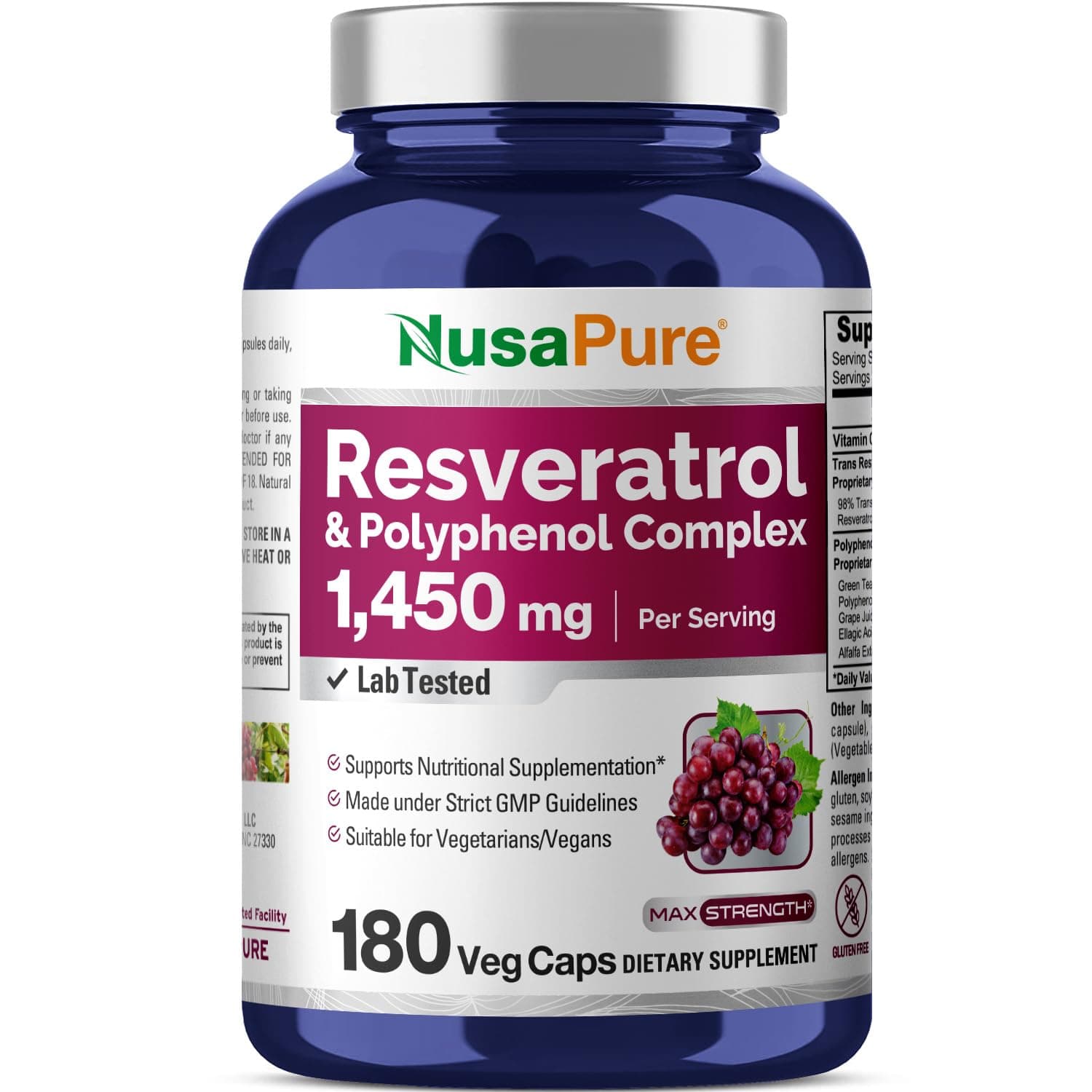 NusaPure Resveratrol & Polyphenol Complex 1450mg 180 Vegetarian Caps (Non-GMO, Gluten Free) Vitamin C | Plant Based Vitamin C Formula, Dietary Supplement, Suitable for Adults, Manufactured in cGMP Registered Facility USA