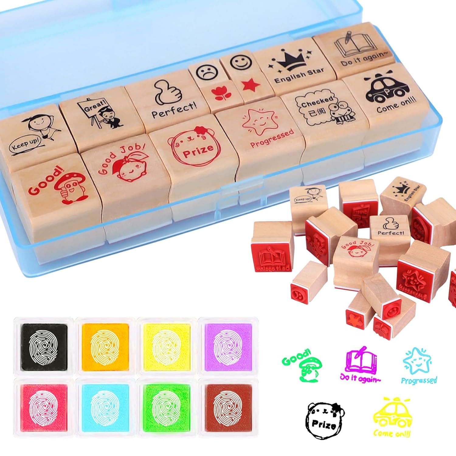 15 Pcs Teacher Stamps With Ink Pads, Colorful Supplies Stamps For Marking Grading, Wooden Rubber Stamp Set, Teacher Supplies For School Student Homework School Elementary