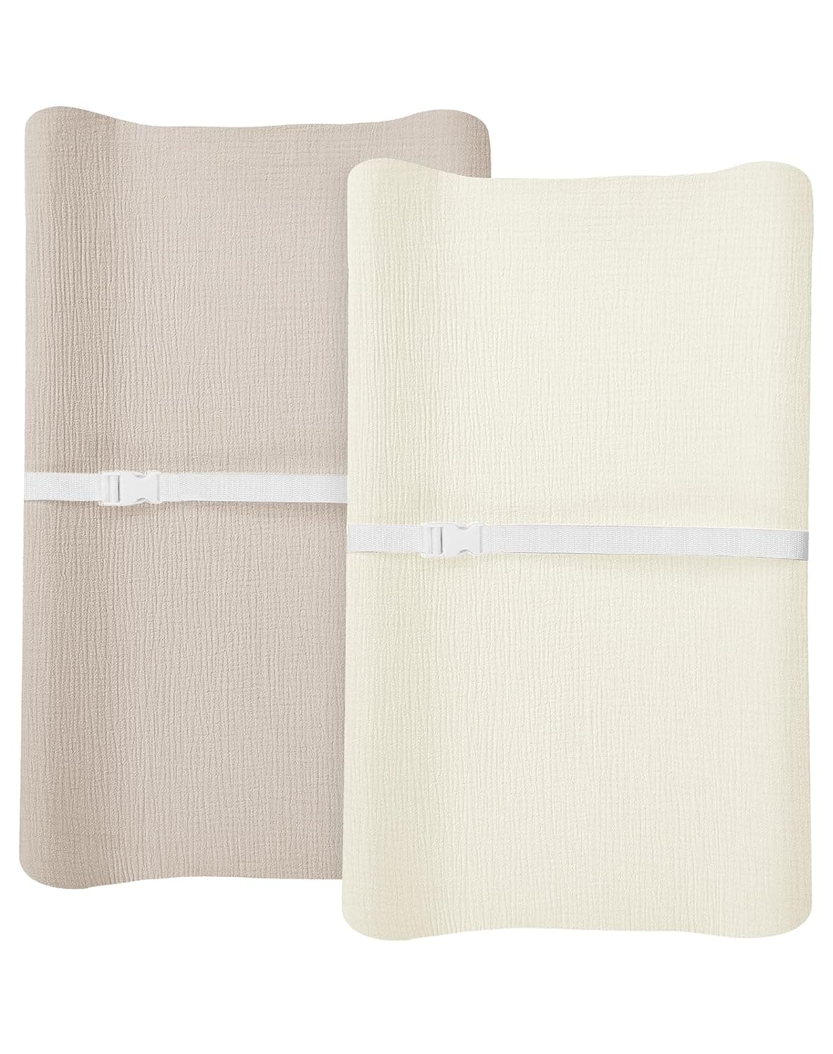 meowcards Changing Pad Cover for Baby Boy Girl 2 Pack, Muslin Changing Table Pad Covers with Boho Style, Neutral Nursery Bedding Essentials Soft and Breathable (Beige & Cream, 32 x 16 x 5 inches) | Soft Breathable Muslin, Fits Standard Changing Table Pads, Neutral Boho Nursery Style for Baby Boys and Girls (Beige & Cream)