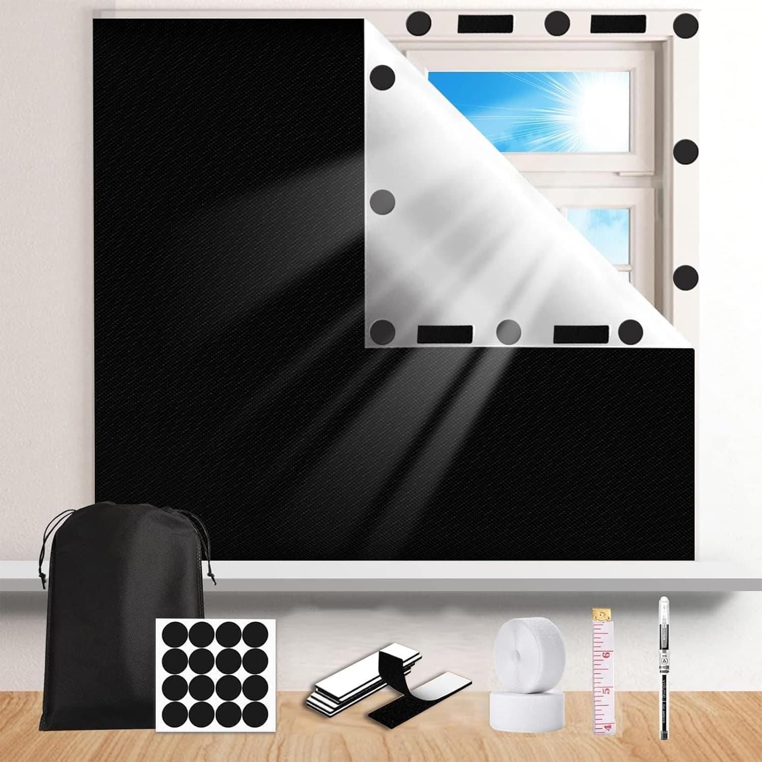 EOGILY Portable Blackout Shades, Cut to Size Curtains, Travel Window Blinds, 100% Light Blocking Material, No Drill Temporary Cover for Baby Nursery, Bedroom (1.45 * 3M)