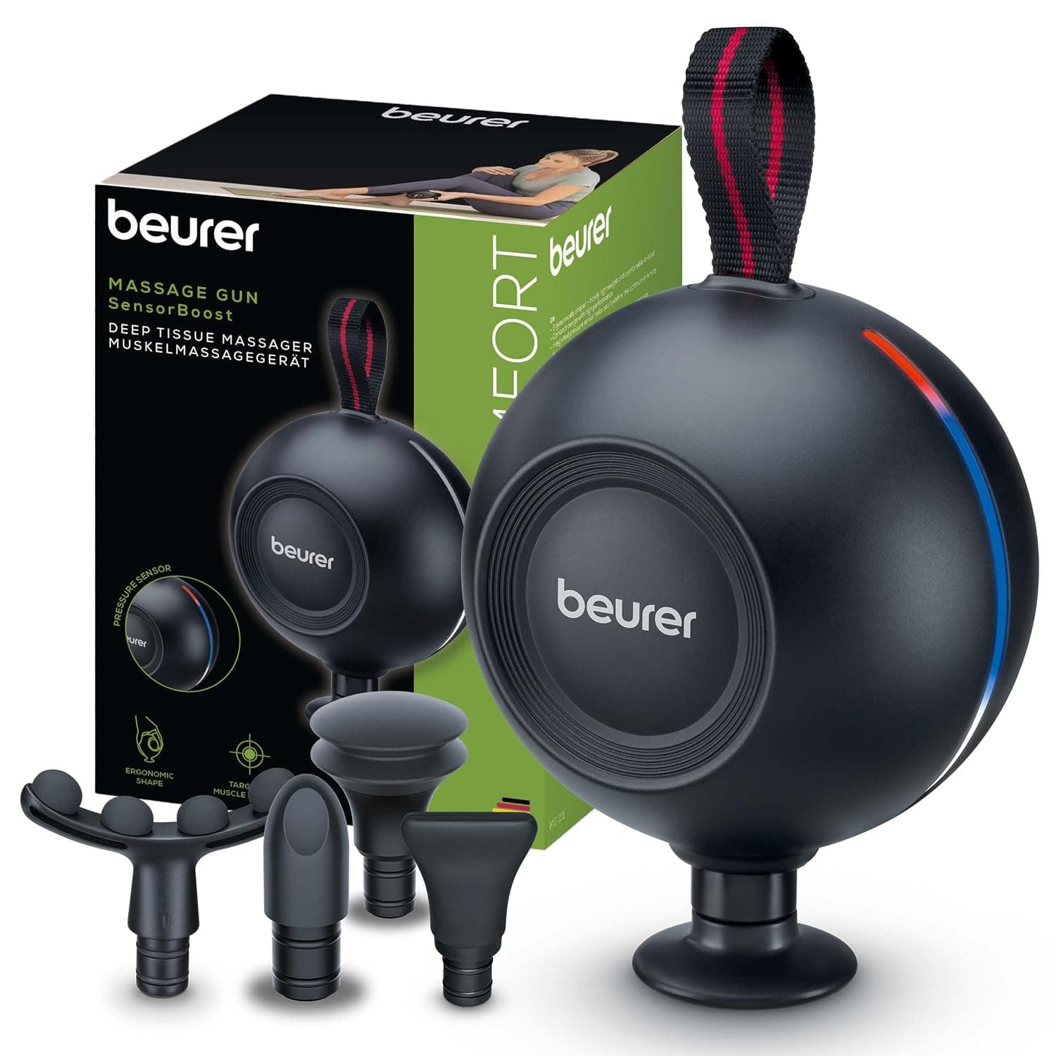 Beurer MG 101 SensorBoost Massage Gun, Ergonomic and Compact Design, Quiet and Powerful Trigger Point Massage for Relaxation and Regeneration, Muscle Massager with Pressure Sensor, 5 Attachments