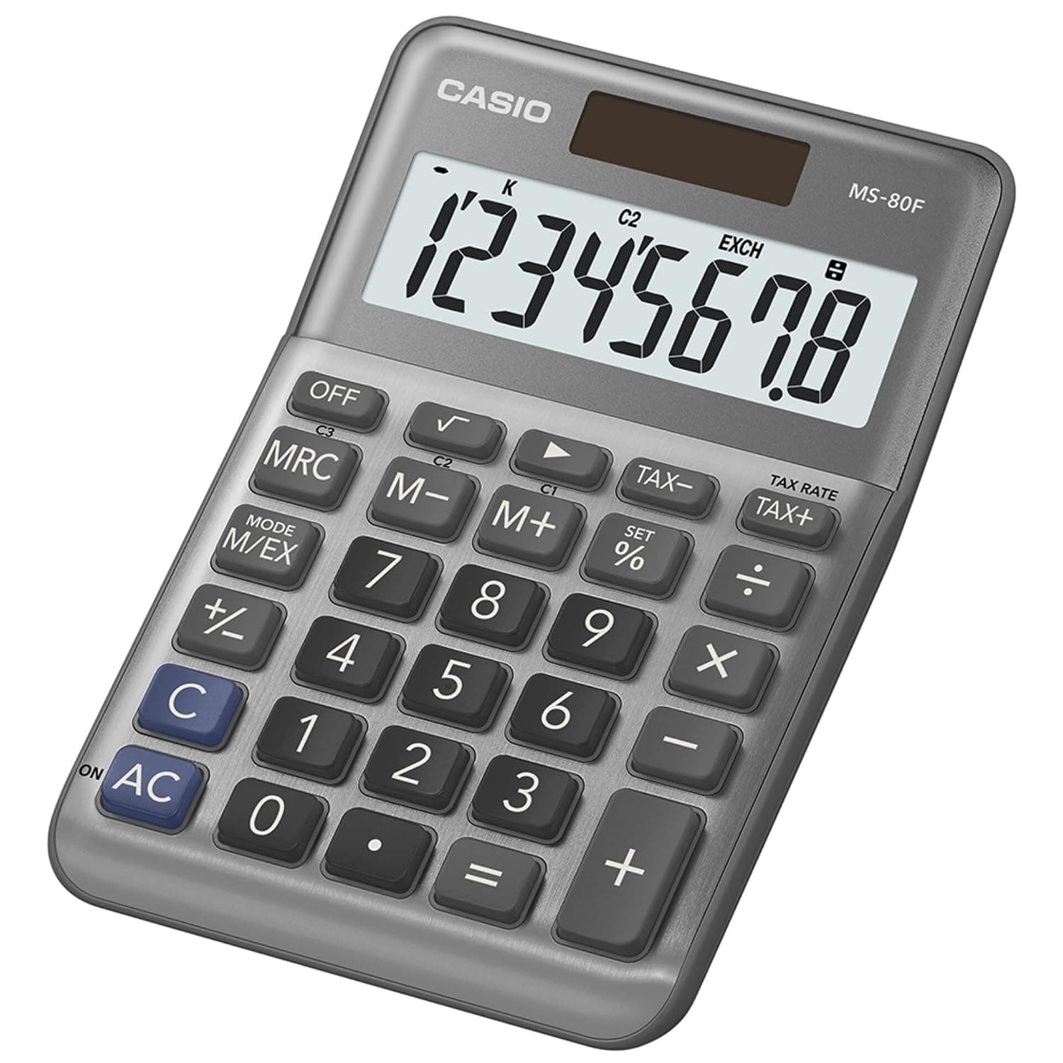 CASIO MS-80F Desk Calculator 8-Digit, Metal Front, Tax, Currency | 8-digit large display, tax calculation, square root, aluminium front, sign change, solar/battery operation.