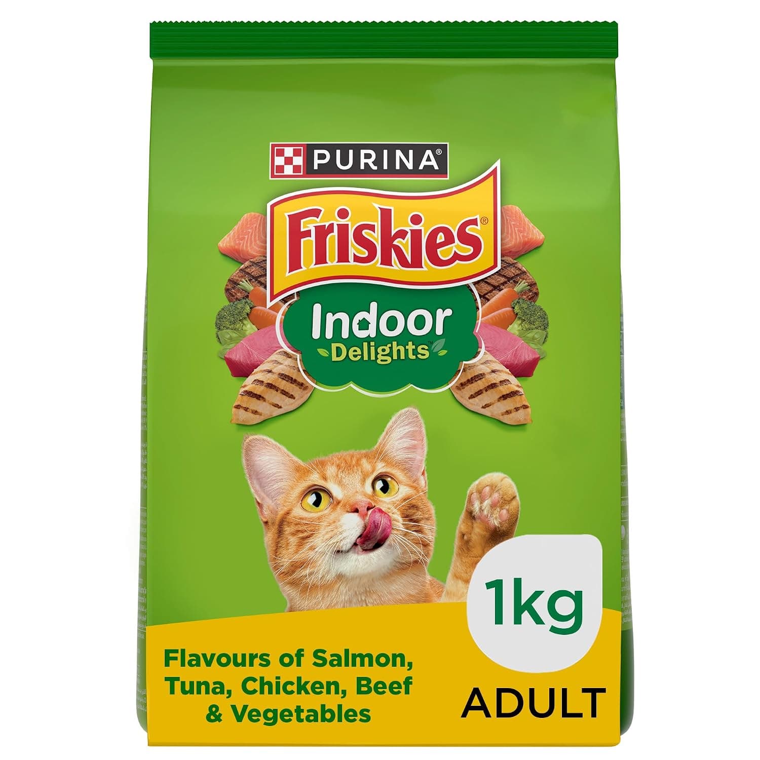 Purina Friskies Indoor Delights Dry Cat Food 1Kg | With Salmon, Tuna, Chicken & Vegetables Flavours, Hairball Control, Complete Nutrition, Omega 3 & 6