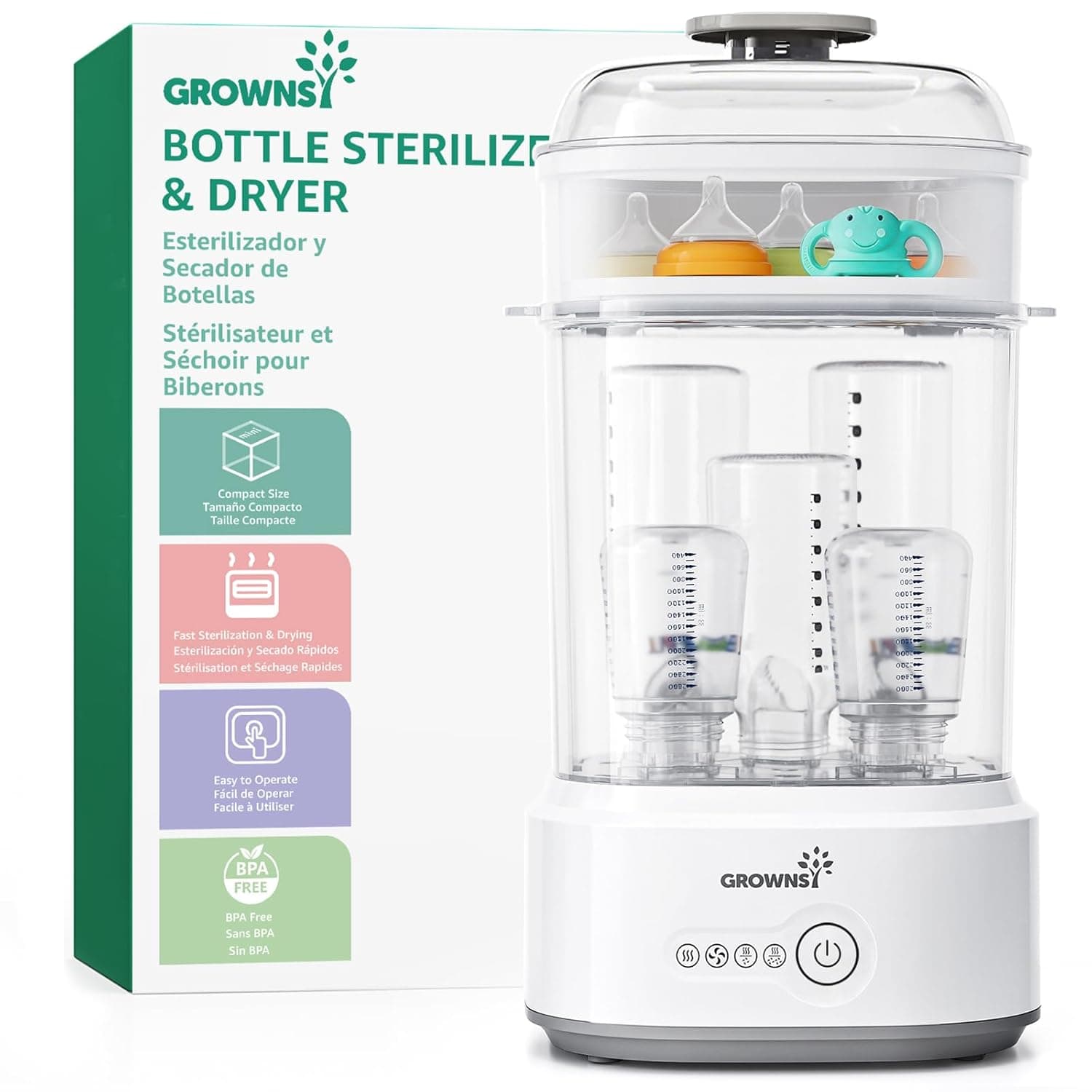 Grownsy Baby Bottle Sterilizer and Dryer, Compact Baby Bottle Sterilizer | Electric Steam Bottle Sanitizer for Baby Bottles, Pacifiers, Pump Parts