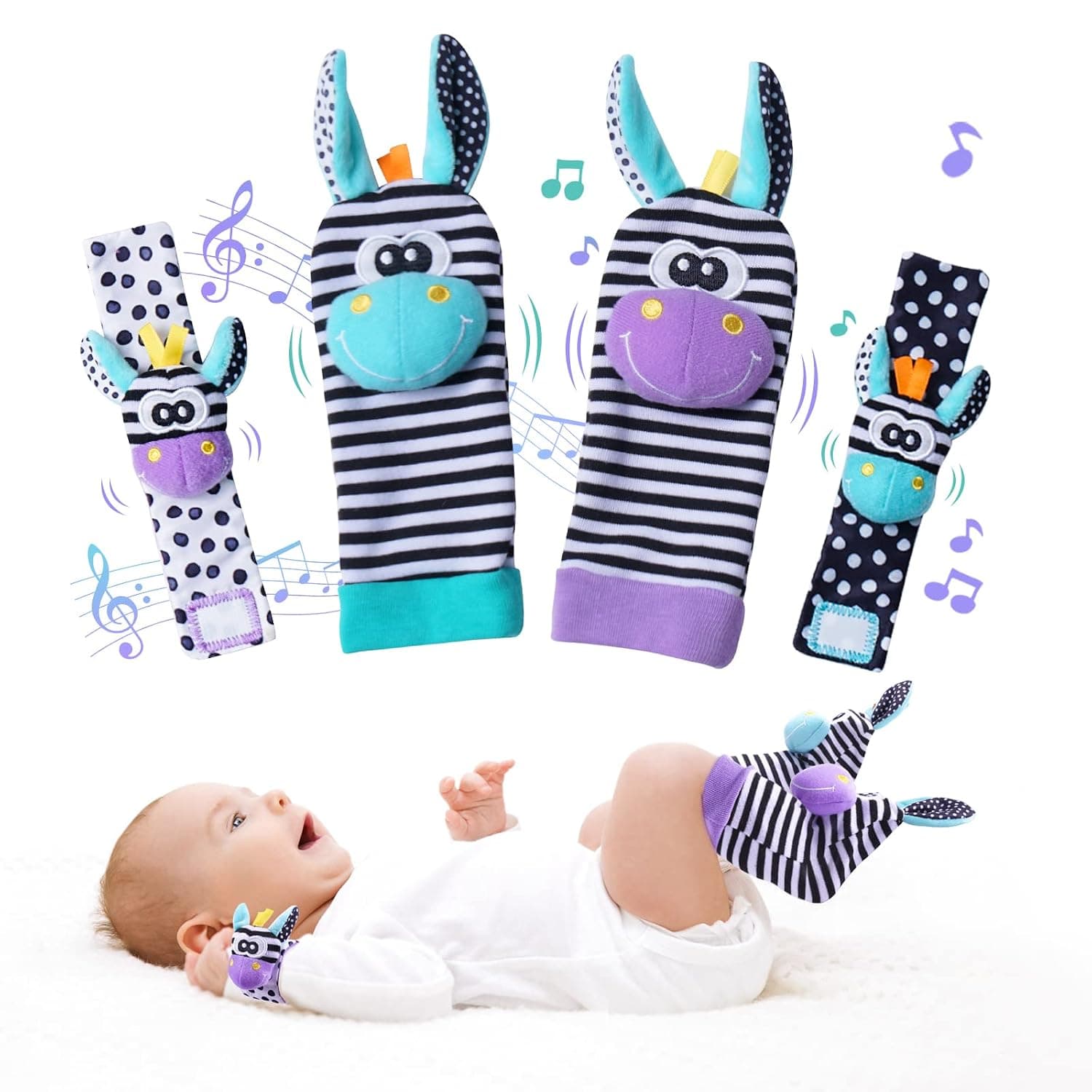 Baby Wrist Rattles Foot Finder Socks Set, Infant Rattle Socks and Baby Hand rattles Wrist, Newborn Soft Sensory Toys,Infant Wrist Rattles for Babies 0-6 Months,Baby Gifts 6-12 Months（Purple）