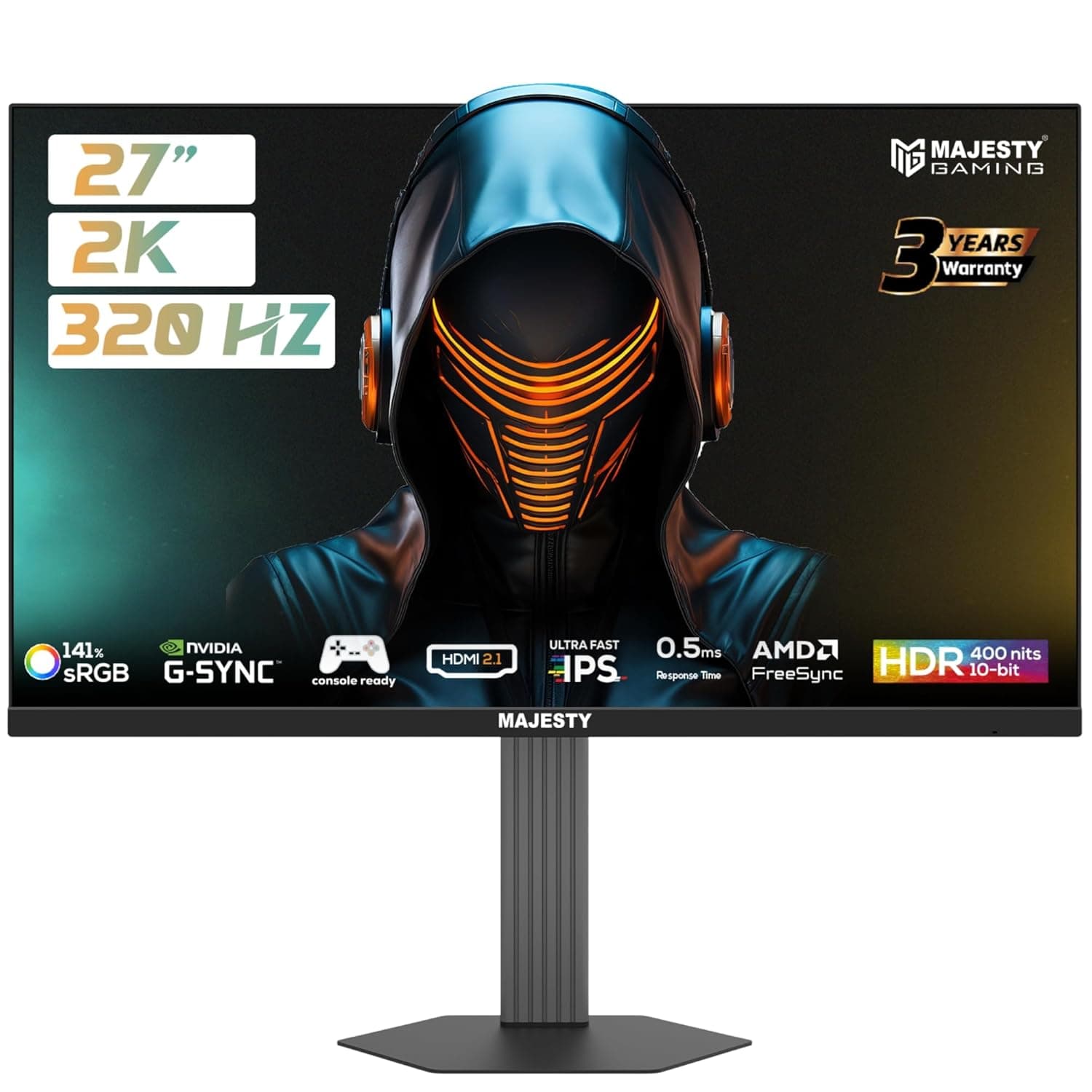 شاشة ألعاب ماجيستي 27 بوصة 2K QHD | IPS | 320Hz | 0.5ms | HDR400 | 10-Bit | ‎141% sRGB | G-SYNC & FreeSync | تقنية AI | سماعات مدمجة | RGB | DP & HDMI | VESA | حامل مرن