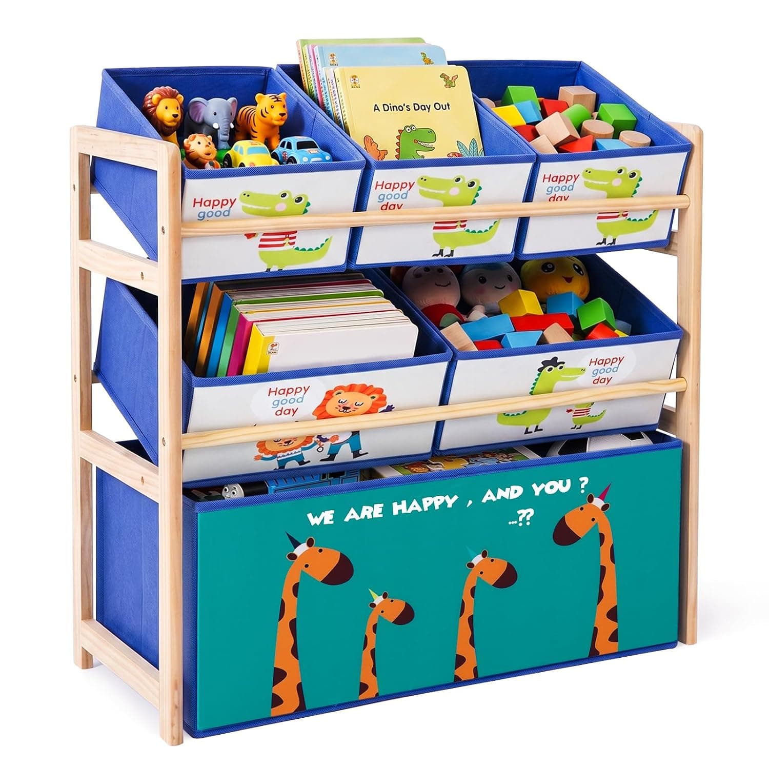 SKY-TOUCH 3-Layer Solid Wood Toy Storage Cabinet – Extra-Large Organizer with 6 Detachable Bins for Kids' Playroom, Nursery & Bedroom (Giraffe Design, 64x28x60cm)