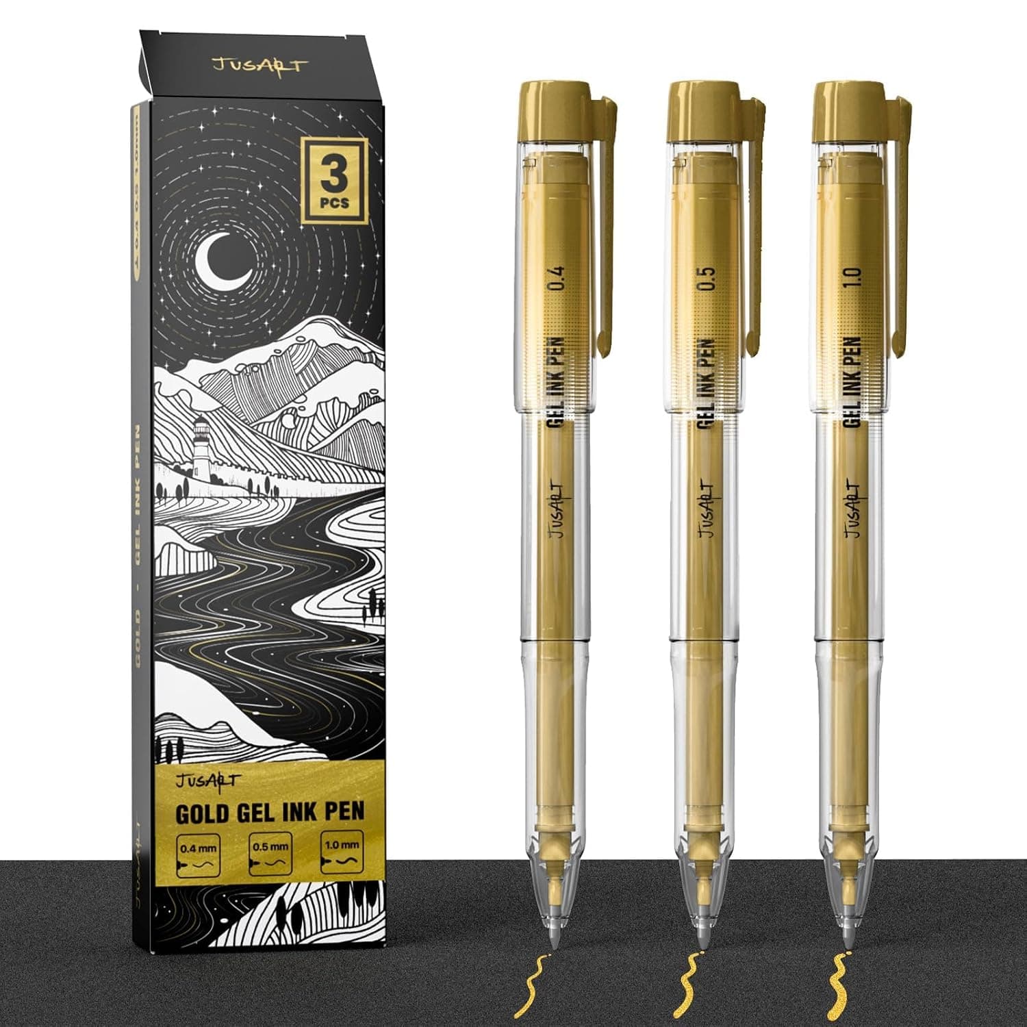 JusArt Gold Gel Pens with 0.4mm, 0.5mm & 1.0mm Assorted Tips, 3 Pack | Opaque Gold Ink Pens for Writing, Black Paper Journaling, Drawing & DIY Crafts, Ideal for Artists & Art Supplies
