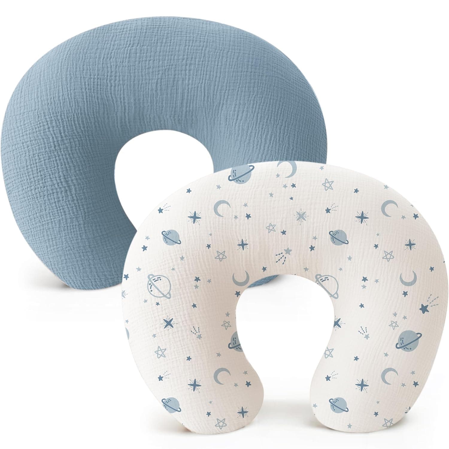 2-Pack Muslin Nursing Pillow Covers, KASTWAVE Soft & Adorable Nursing Covers for Breastfeeding Pillows, Slipcovers for Newborn Boys & Girls, Washable & Breathable (Blue, Star)