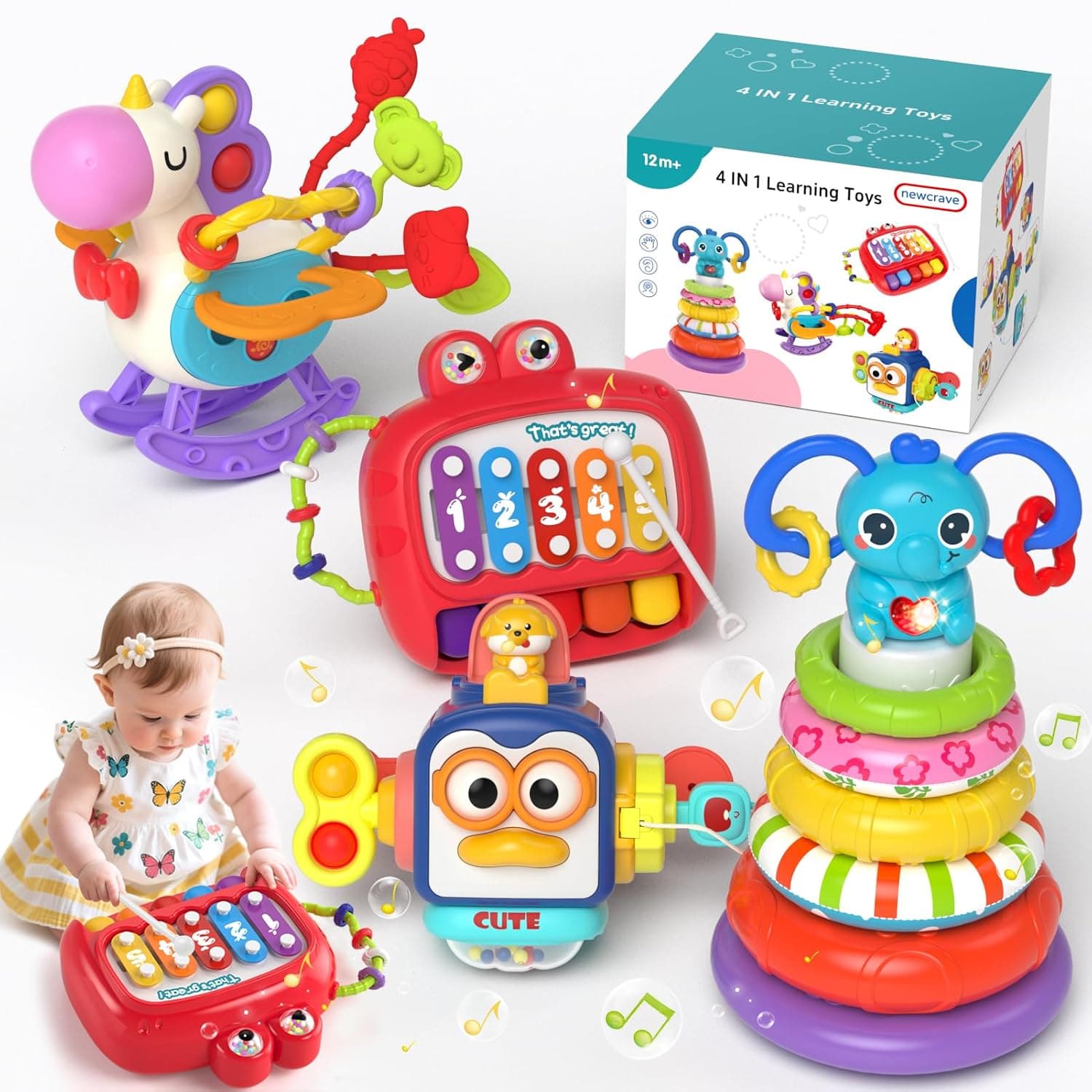 4 in 1 Baby Toys for 6 to 12 Months, Infant Sensory & Stacking for 1+ Year Old, Dinosaur Busy Cube Toys for Babies 6-12 Months, Piano Xylophone Musical Travel Toys, Christmas Birthday Gifts