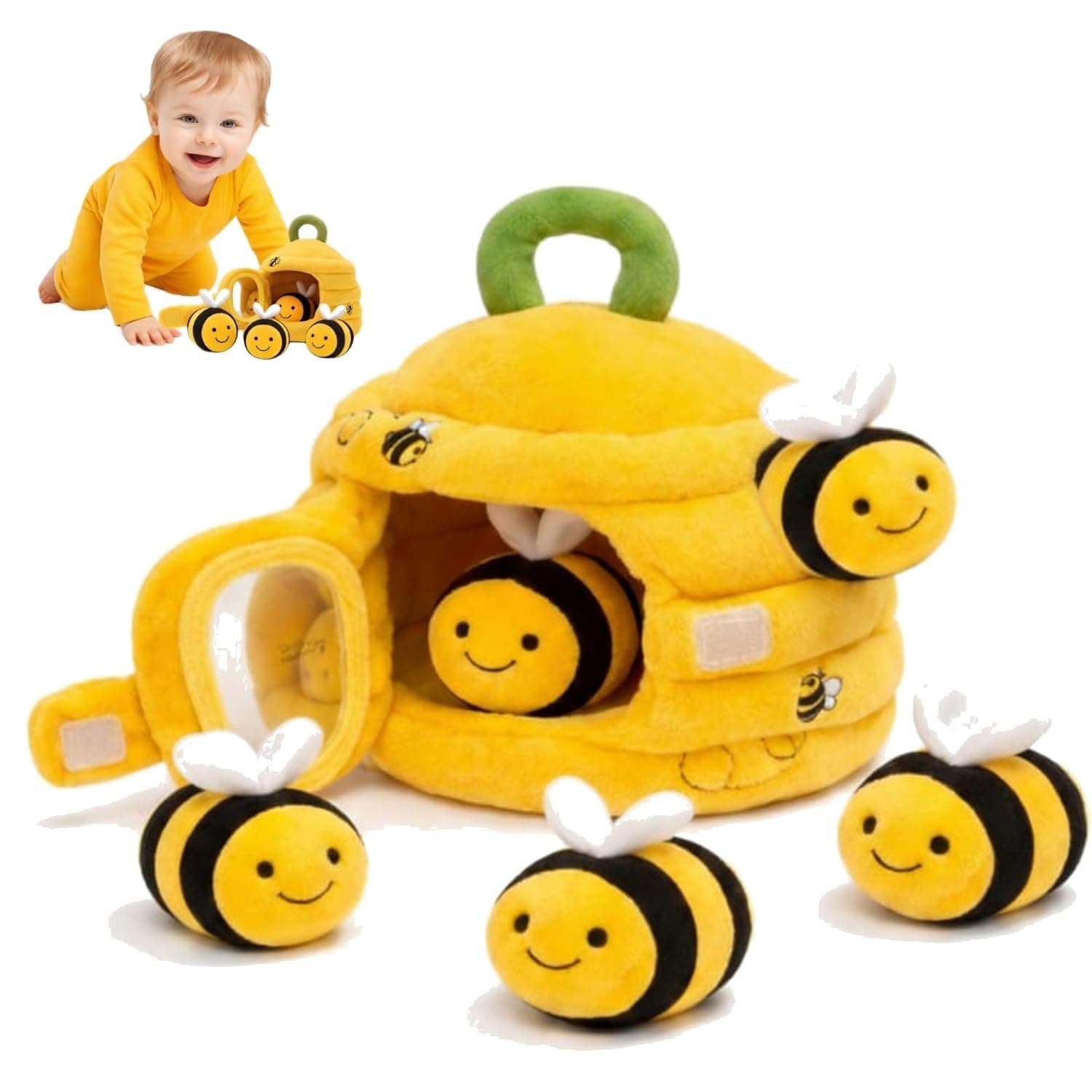 One Kitten Baby Sensory Bee Hive Rattle Toy Set, Educational Toy with 5 Sensory Bees for Babies 6 Months and Up, Give Your Baby a Cute Moment of Discovery Every Day