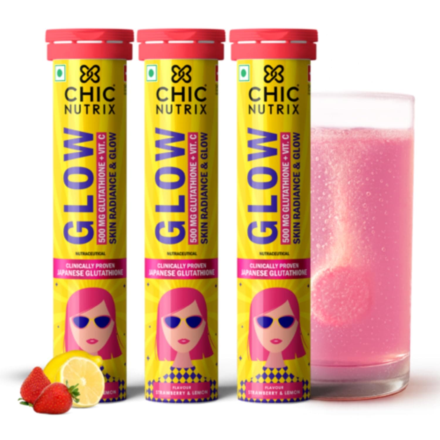 Chicnutrix Glow - 500mg Japanese Glutathione & Vit. C for Brighter Skin | 60 effervescent tablets | Skin Glow & Radiance | Strawberry-lemon flavour