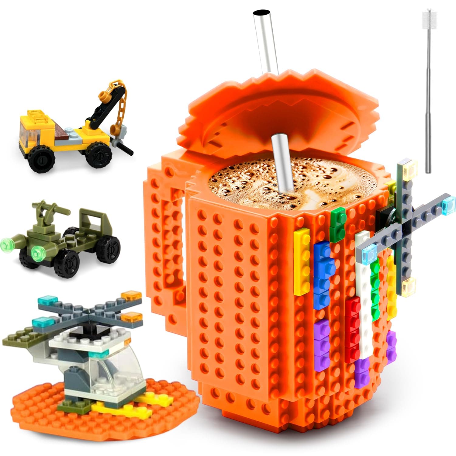 Build On Brick Mug-Fubarbar Creative Building 12oz Coffee Cup, Blocks Desk Drinkware, Funny Toy For Kid Birthday Gift, Christmas, Party, Xmas, 3pack Blocks (Orange)