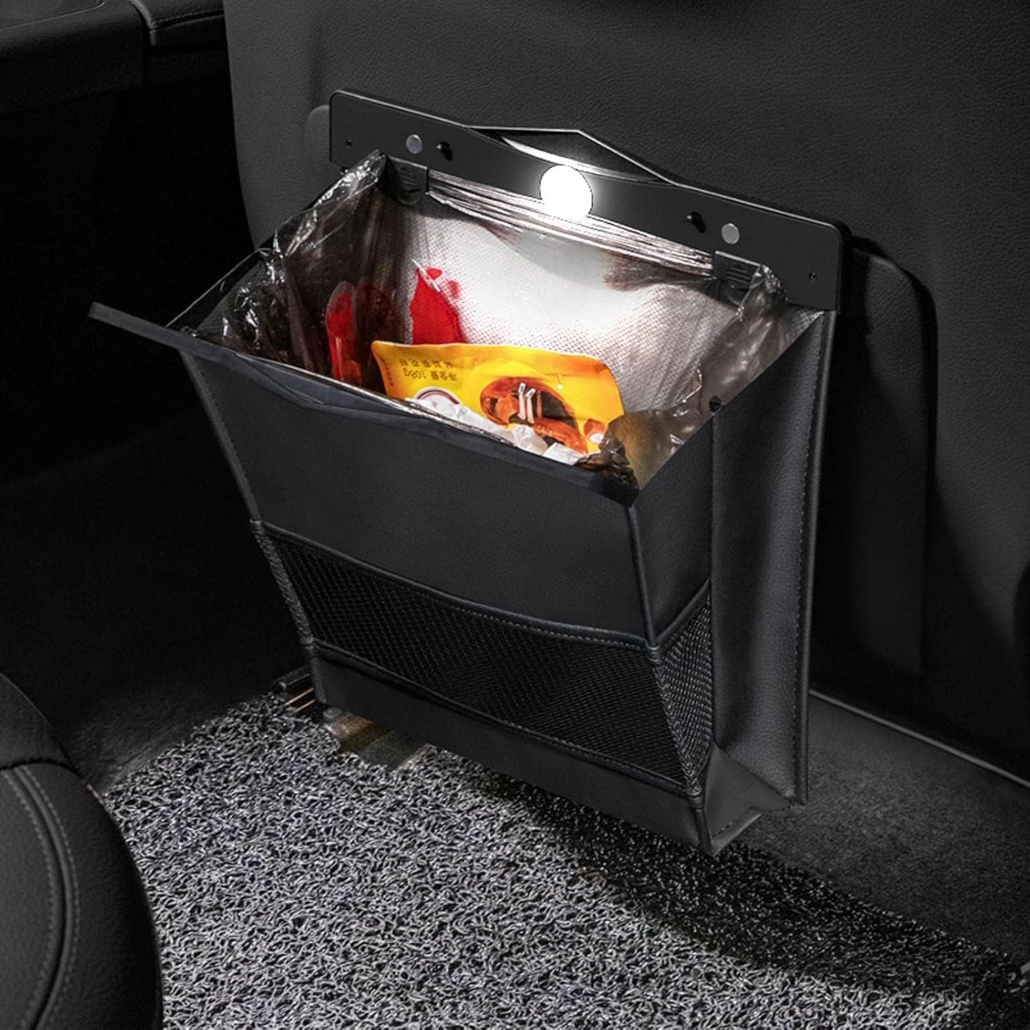 Aputue Car Trash Bag, Waterproof PU Leather Hanging Vehicle Garbage Can, Collapsible Backseat Storage Organizer with Magnetic Closure, Smart LED Light Automotive Accessories for SUV Truck
