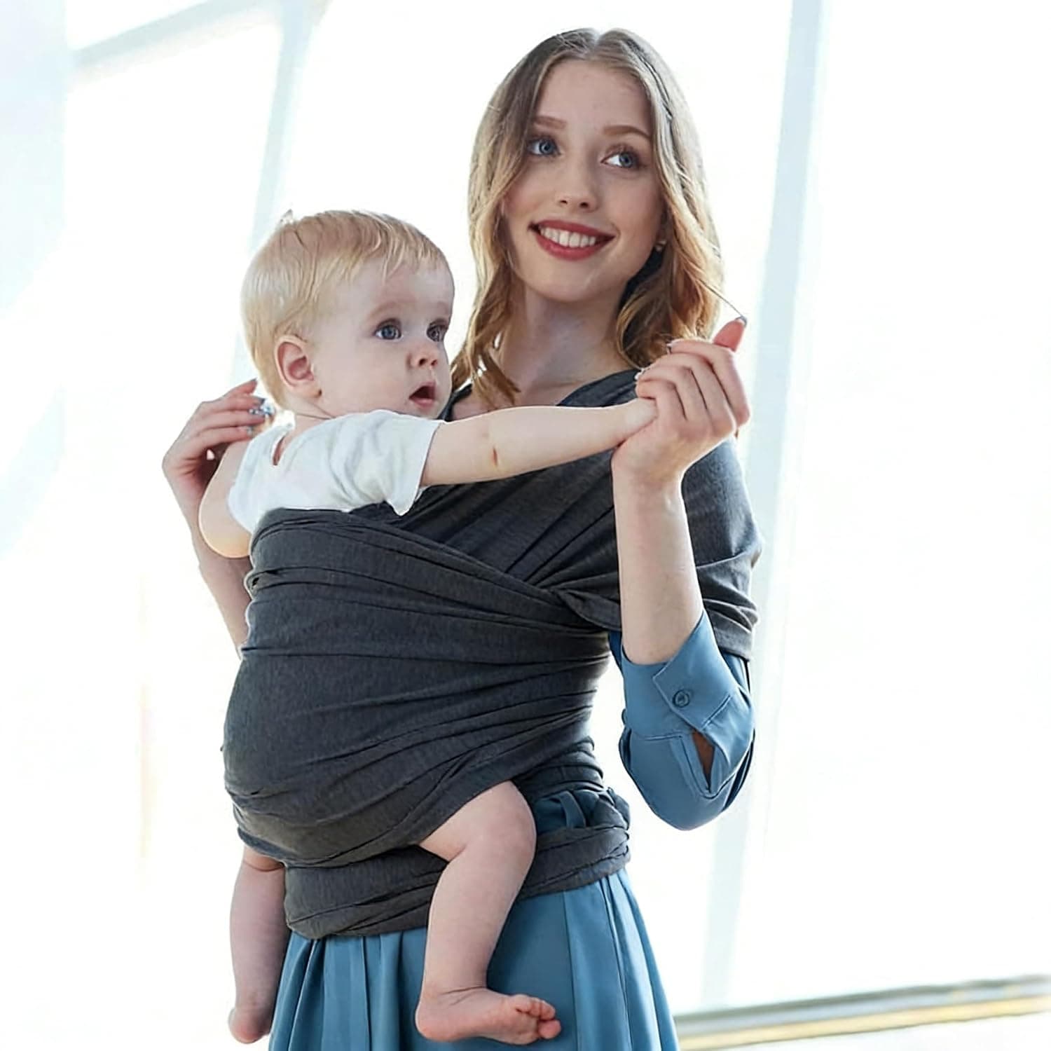 LinJie Wrap Baby Carrier, Baby Original Stretchy Infant Sling,Breathable Hold Carrier for Toddler,Baby Wrap Stretchy Hands Free Carrier Perfect for Infants and Babies Up to 35 lbs (Dark gray)