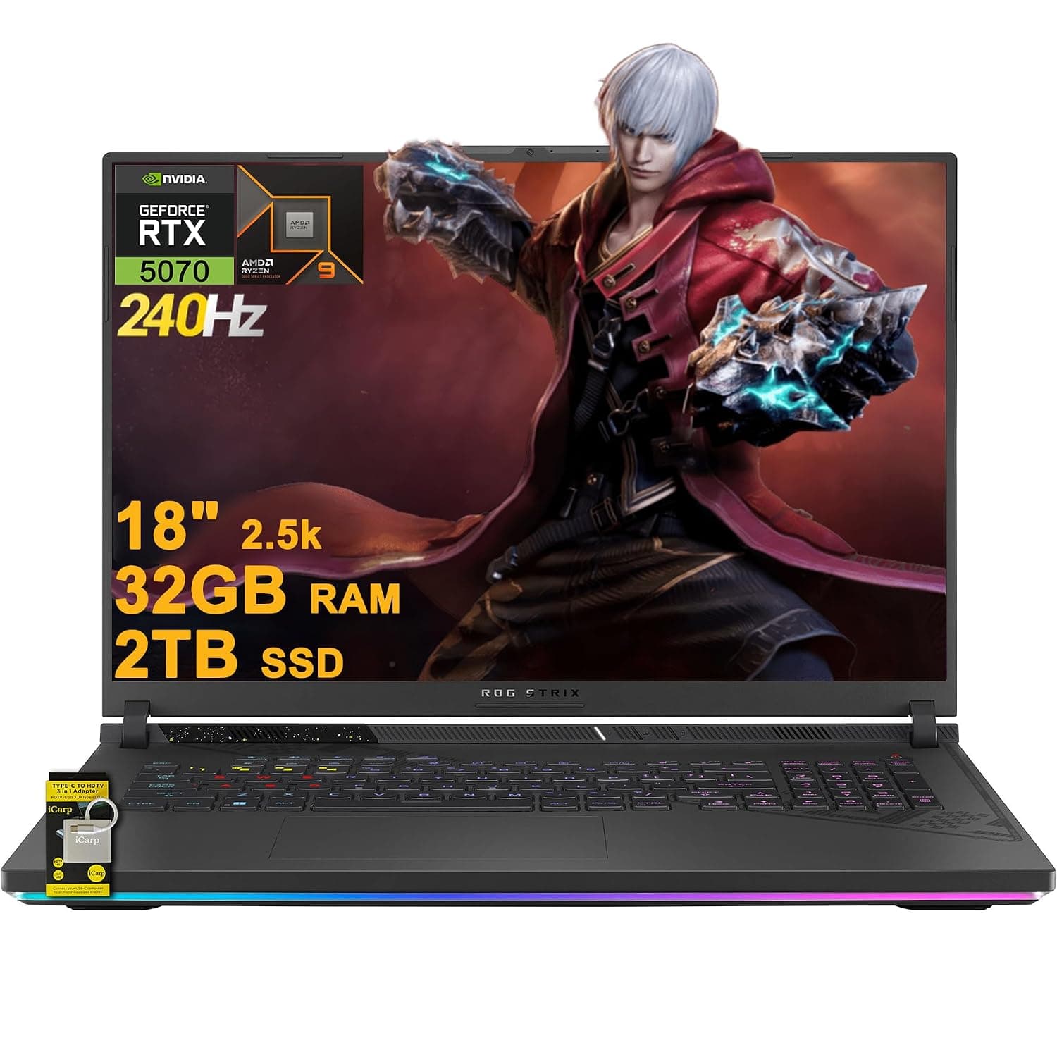 ASUS ROG Strix G18 G814 Gaming Laptop 18" 2.5k (2560x1600) 240Hz (100% DCI-P3) AMD 16-core Ryzen 9 9955HX (>i9-14900HX) 32GB DDR5 2TB SSD GeForce RTX 5070 RGB Backlit FHD Camera Win11 ICP Hub