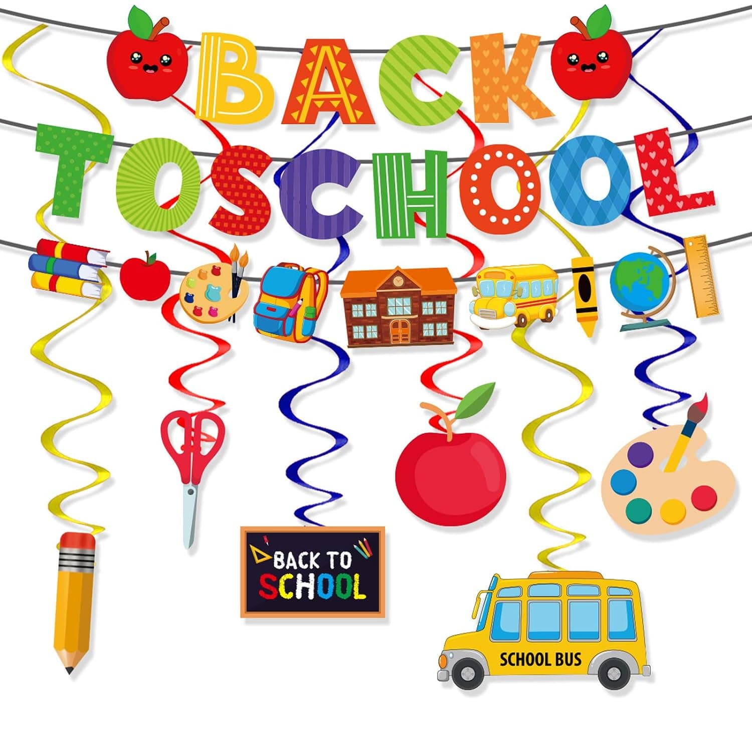 Back to School Decorations Kit, Welcome Banner with Apple Pencil Garland & Hanging Swirls, Classroom Decor for Kindergarten and Preschool