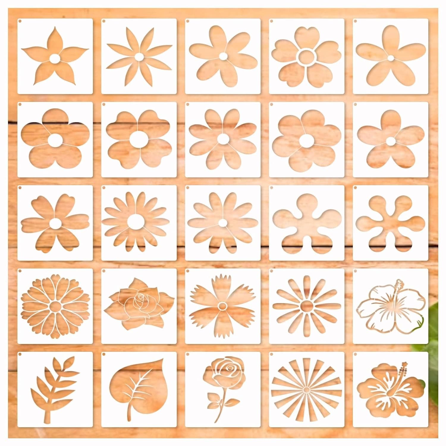 Tazweeq 25Pcs Flower Stencils, Art Rock Airbrush Layered Templates, for Crafts Canvas Furniture Wooden, for Painting on Wood, Cute Leaf Floral Essential Paint Stencil, Walls Decorative