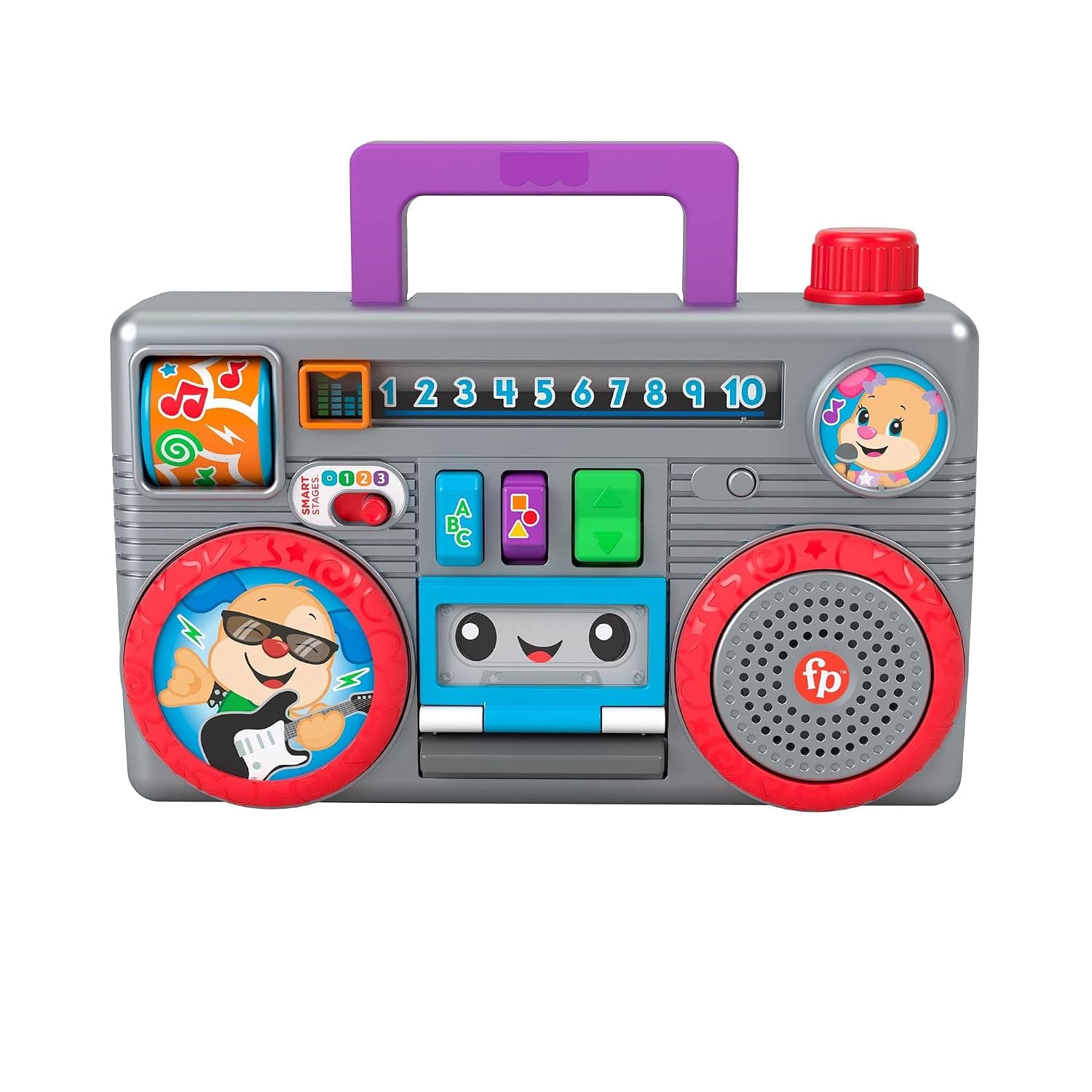 Fisher-Price Laugh & Learn Busy Boombox - UK English Edition, retro-inspired musical infant activity toy with learning content for baby and toddlers, GYC18